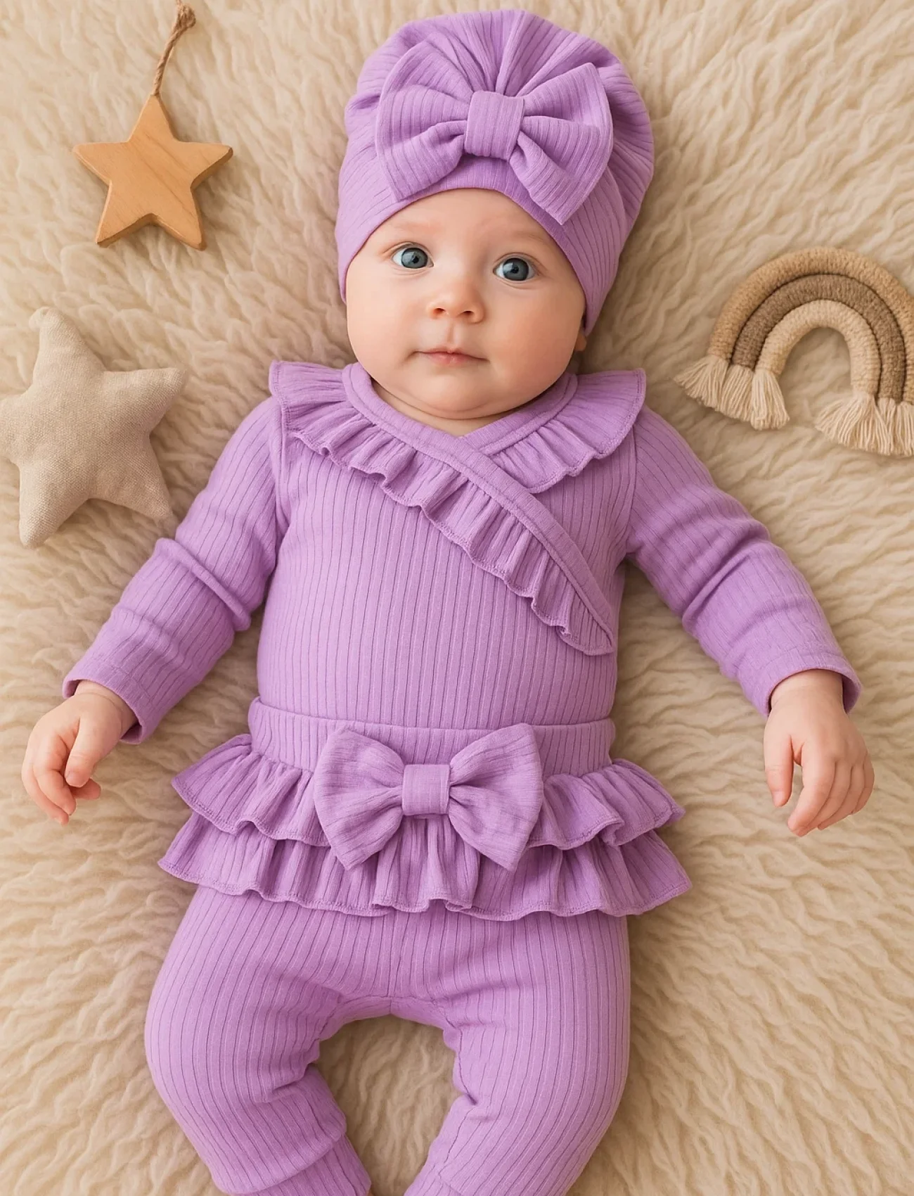 3-9 Ay Kız Bebek Takımı Fırfır Detay Fiyonk Boneli Lila