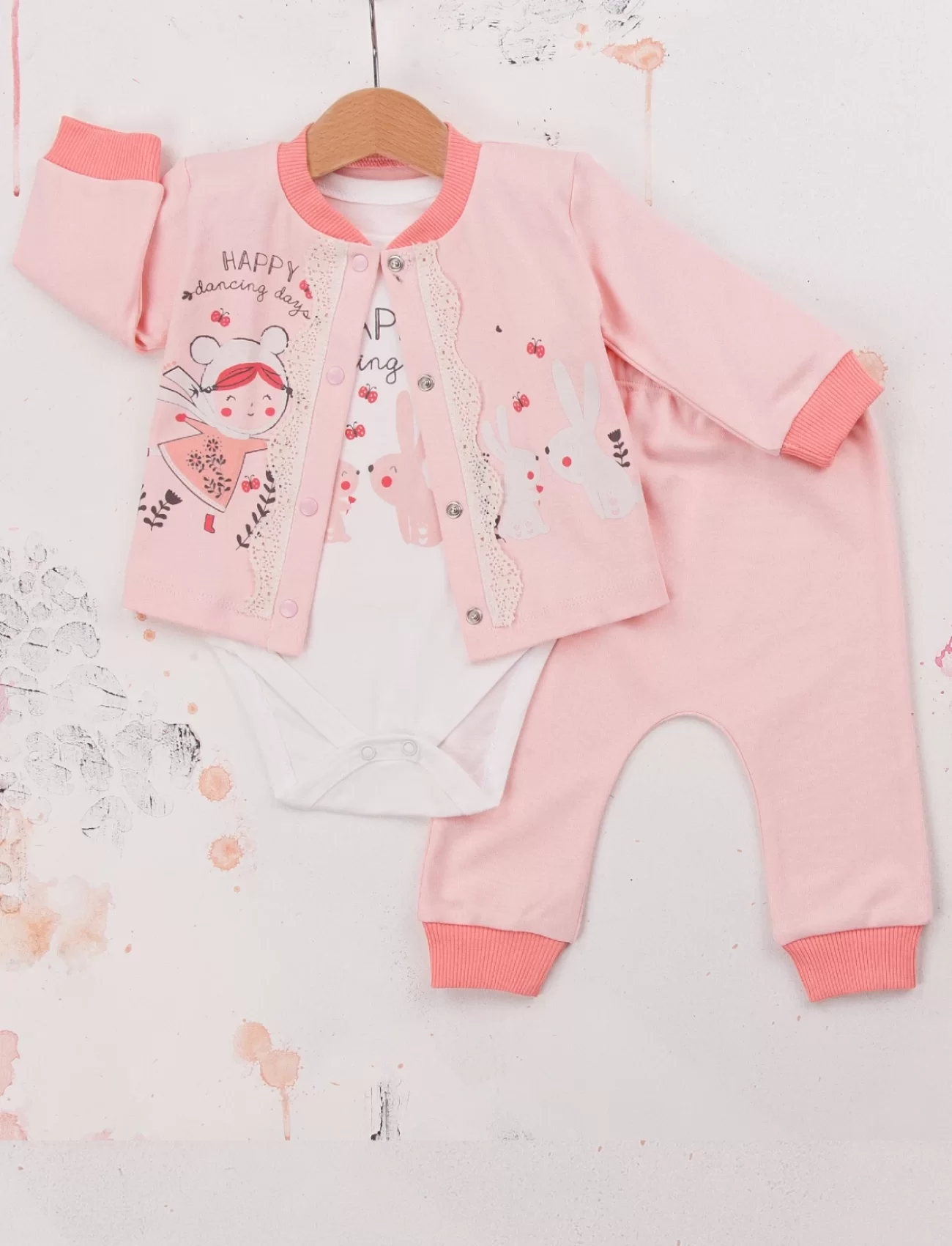 3-9 Ay Kız Bebek Takımı Happy Dancing 3lü Hırkalı Nar Çiçeği