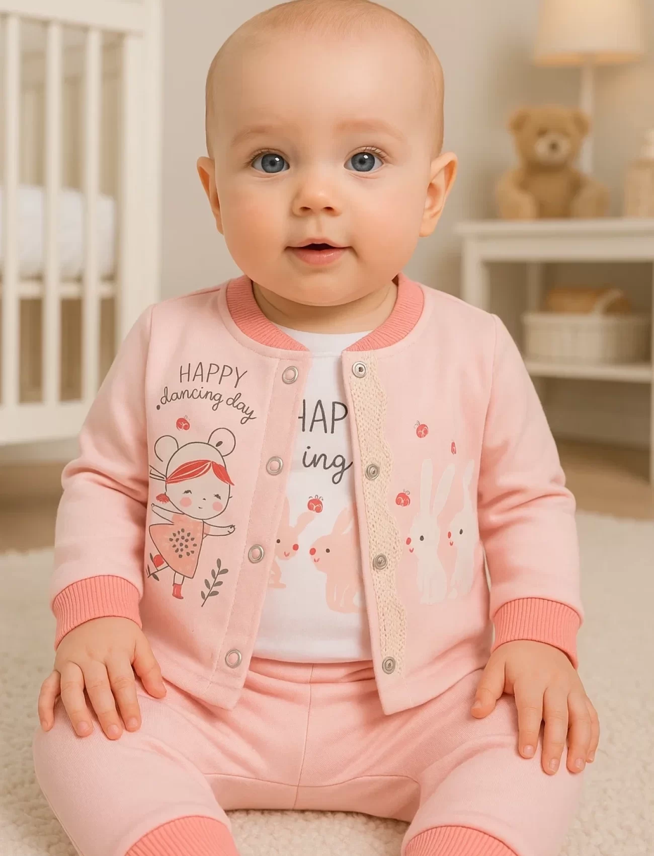 3-9 Ay Kız Bebek Takımı Happy Dancing 3lü Hırkalı Nar Çiçeği