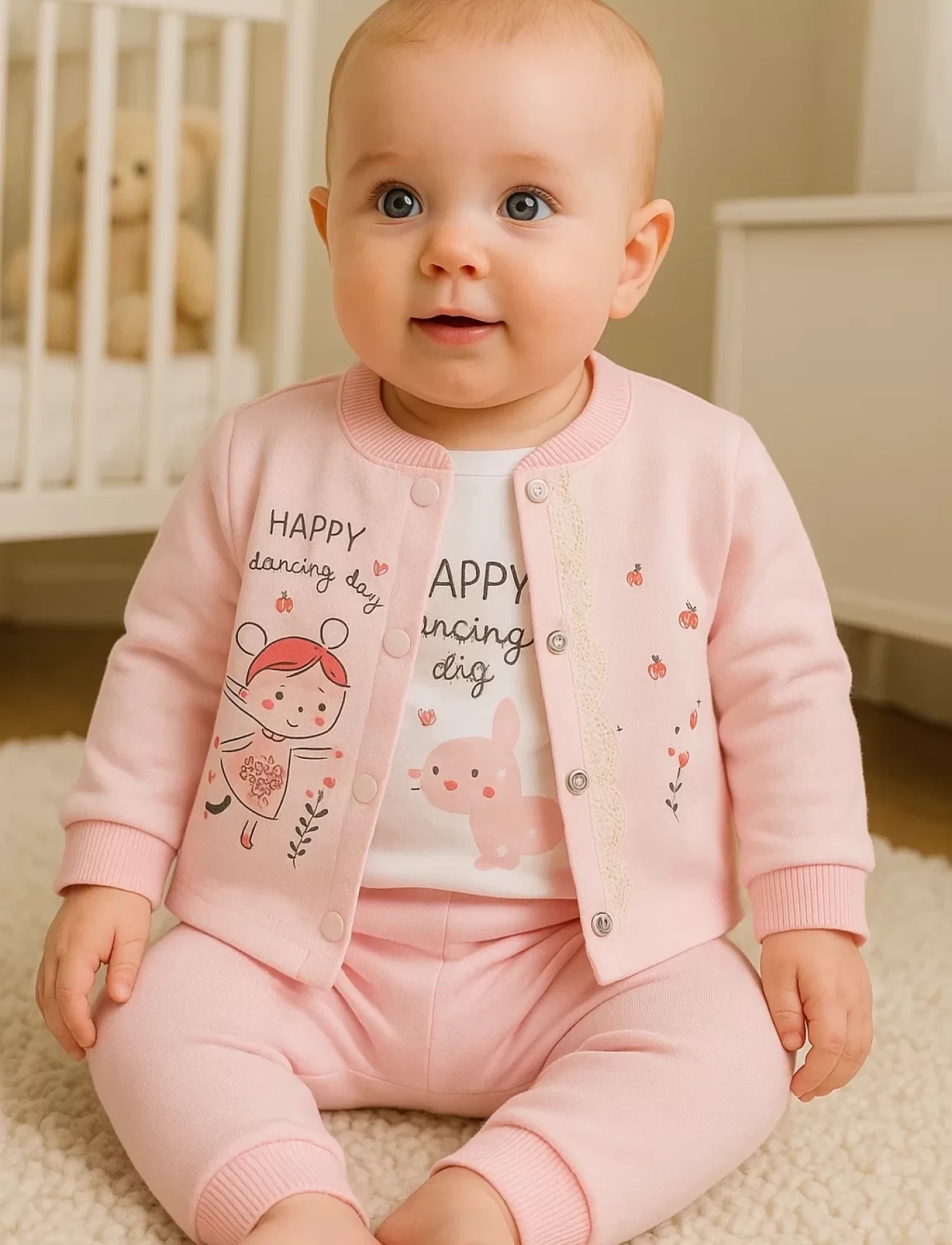 3-9 Ay Kız Bebek Takımı Happy Dancing 3lü Hırkalı Pembe
