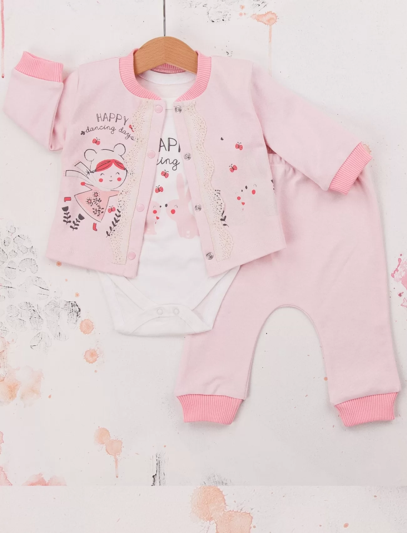 3-9 Ay Kız Bebek Takımı Happy Dancing 3lü Hırkalı Pembe