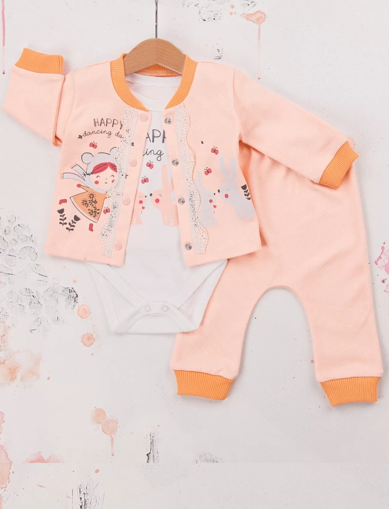 3-9 Ay Kız Bebek Takımı Happy Dancing 3lü Hırkalı Somon