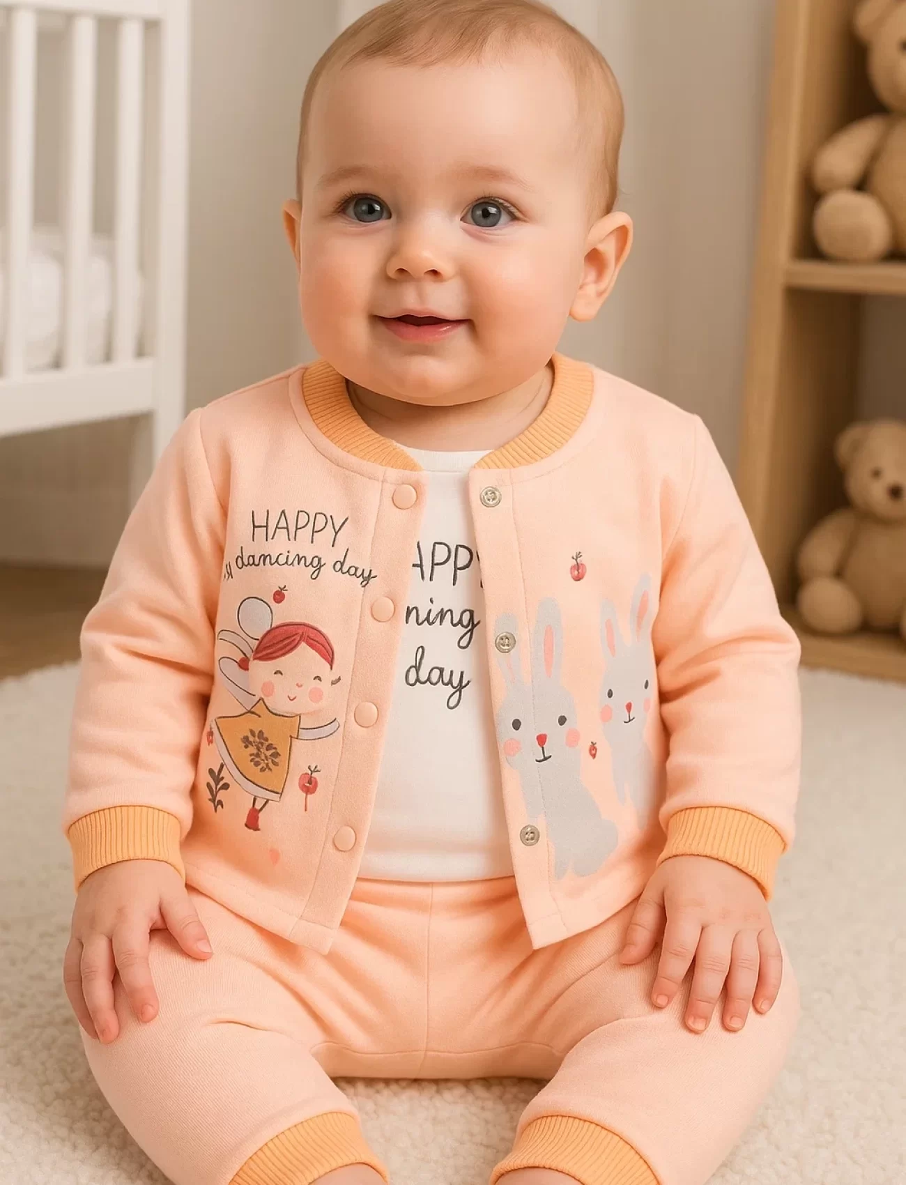 3-9 Ay Kız Bebek Takımı Happy Dancing 3lü Hırkalı Somon