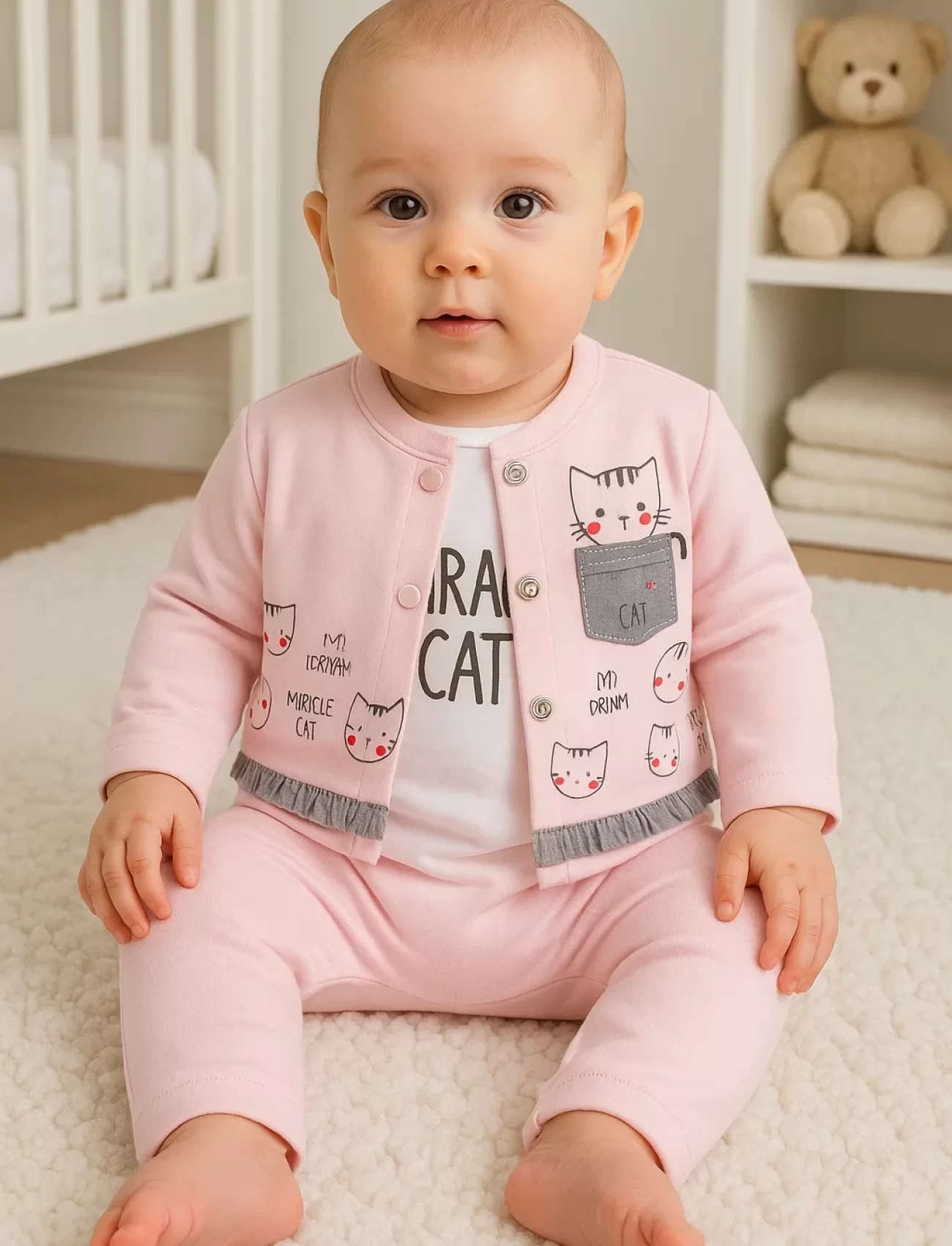 3-9 Ay Kız Bebek Takımı Kedi 3lü Hırkalı Açık Pembe