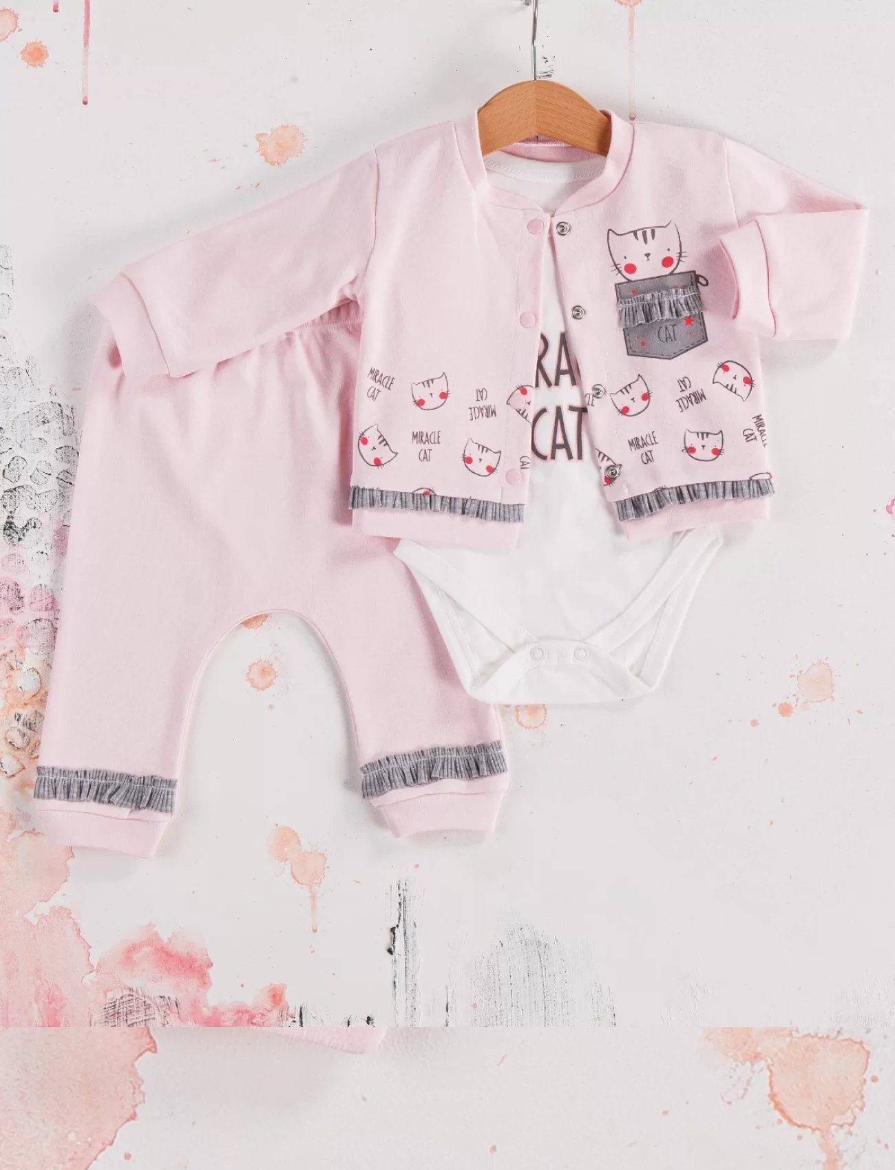 3-9 Ay Kız Bebek Takımı Kedi 3lü Hırkalı Açık Pembe