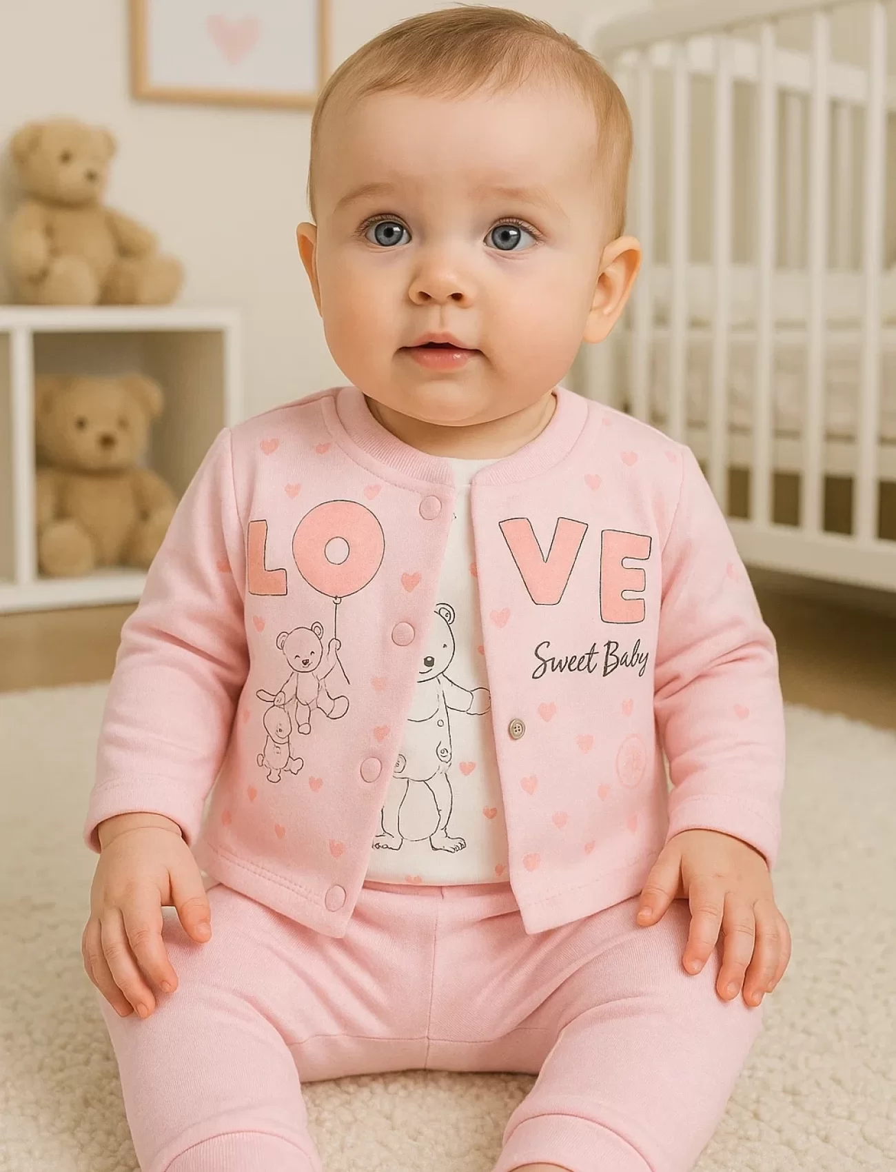 3-9 Ay Kız Bebek Takımı Love Tavşan 3lü Hırkalı Açık Pembe