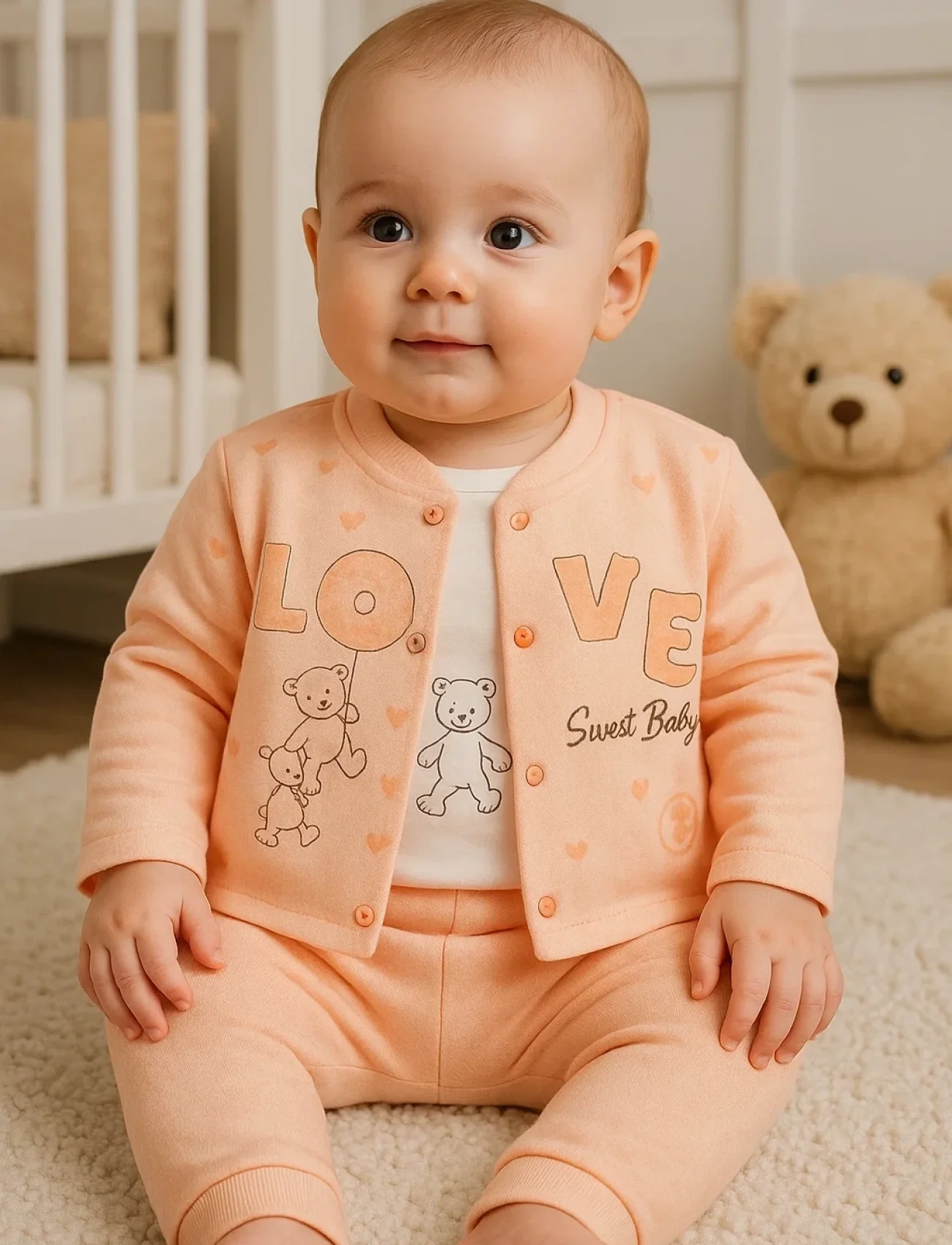 3-9 Ay Kız Bebek Takımı Love Tavşan Kol Detay 3lü Hırka Somon