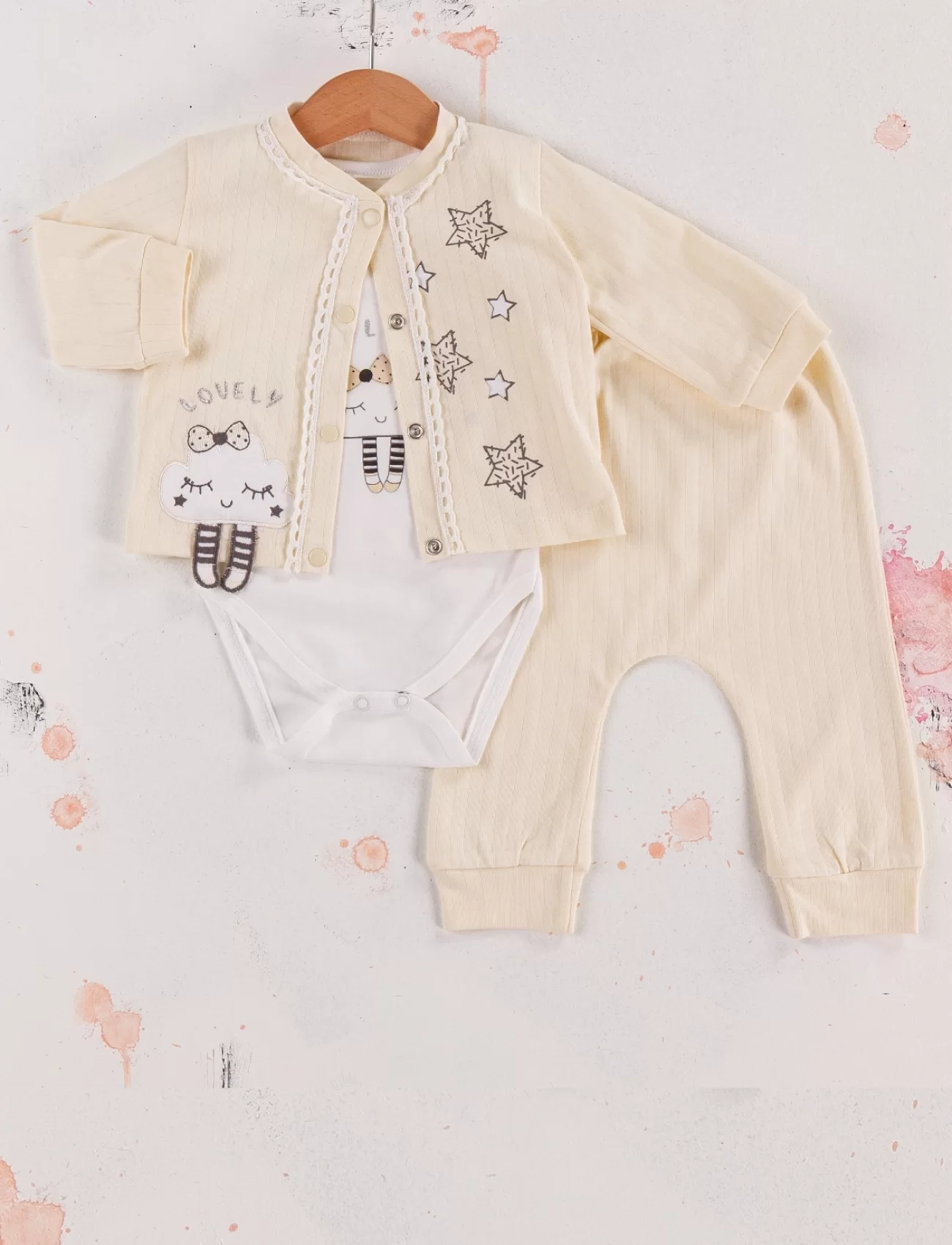 3-9 Ay Kız Bebek Takımı Lovely Yıldız 3lü Hırkalı Krem