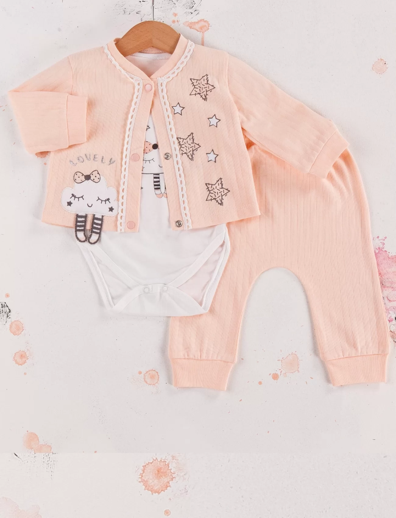 3-9 Ay Kız Bebek Takımı Lovely Yıldız 3lü Hırkalı Somon