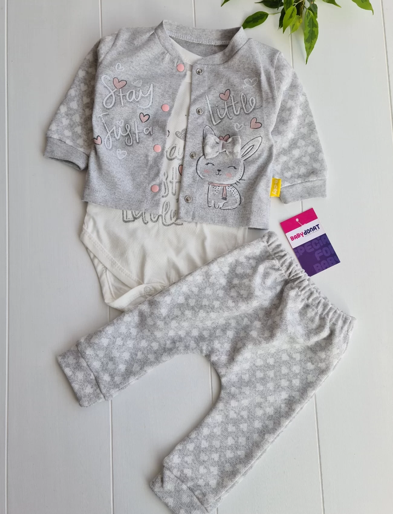 3-9 Ay Kız Bebek Takımı Stay Little Puan 3lü Hırkalı Gri