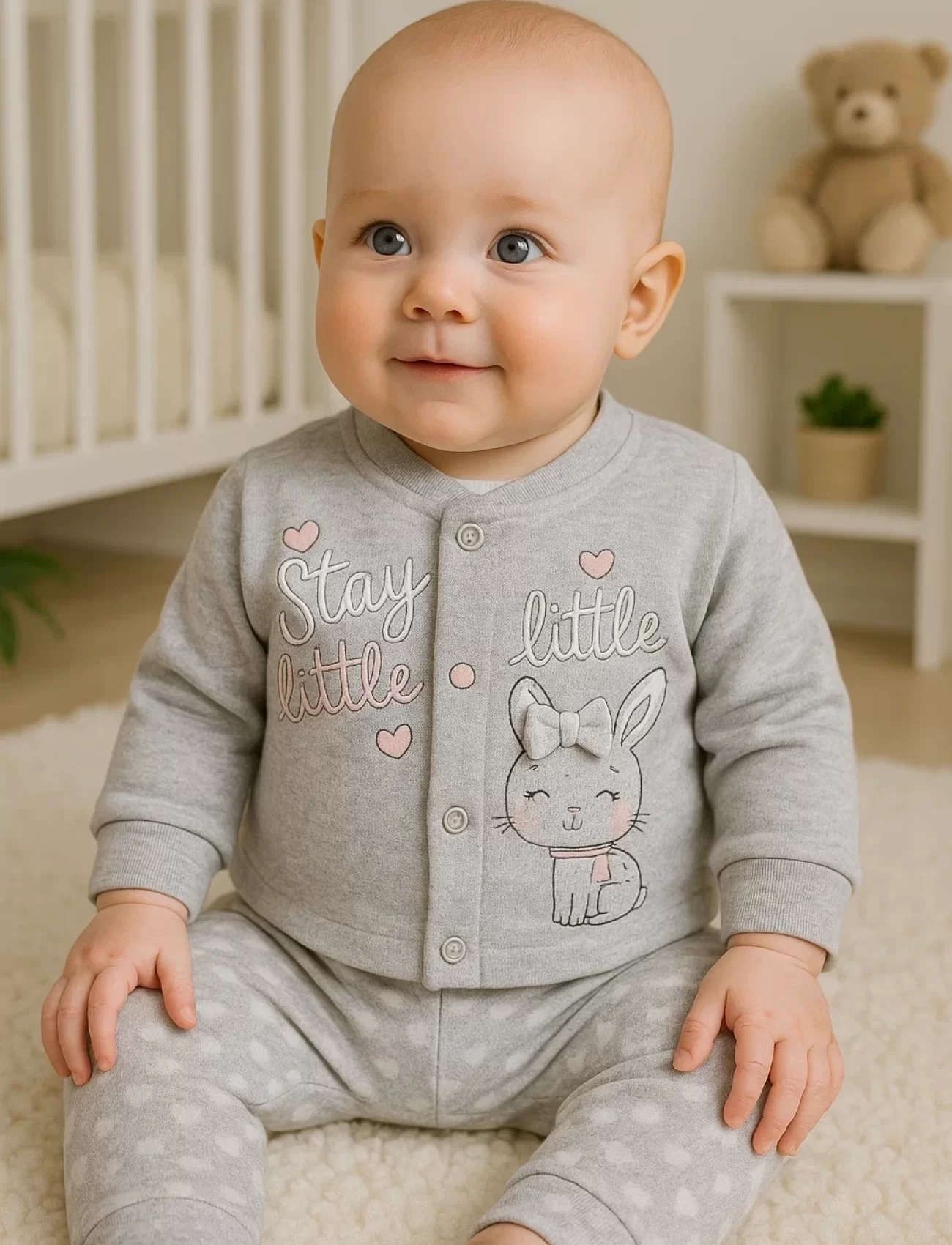 3-9 Ay Kız Bebek Takımı Stay Little Puan 3lü Hırkalı Gri