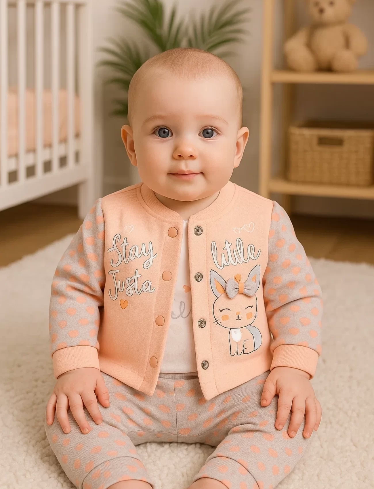 3-9 Ay Kız Bebek Takımı Stay Little Puan 3lü Hırkalı Somon