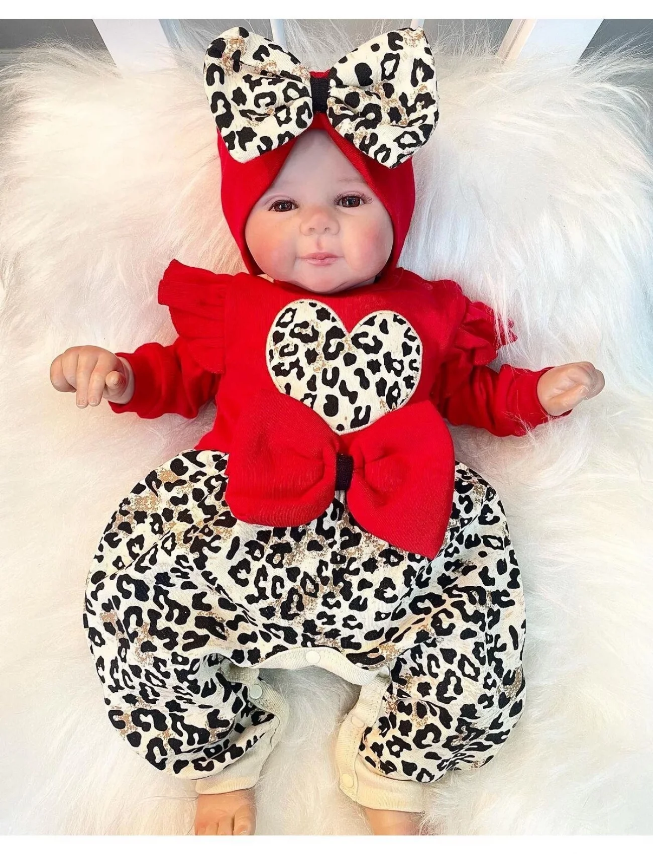 3-9 Ay Kız Bebek Tulum Leopar Desen Fırfır ve Fiyonklu Kırmızı
