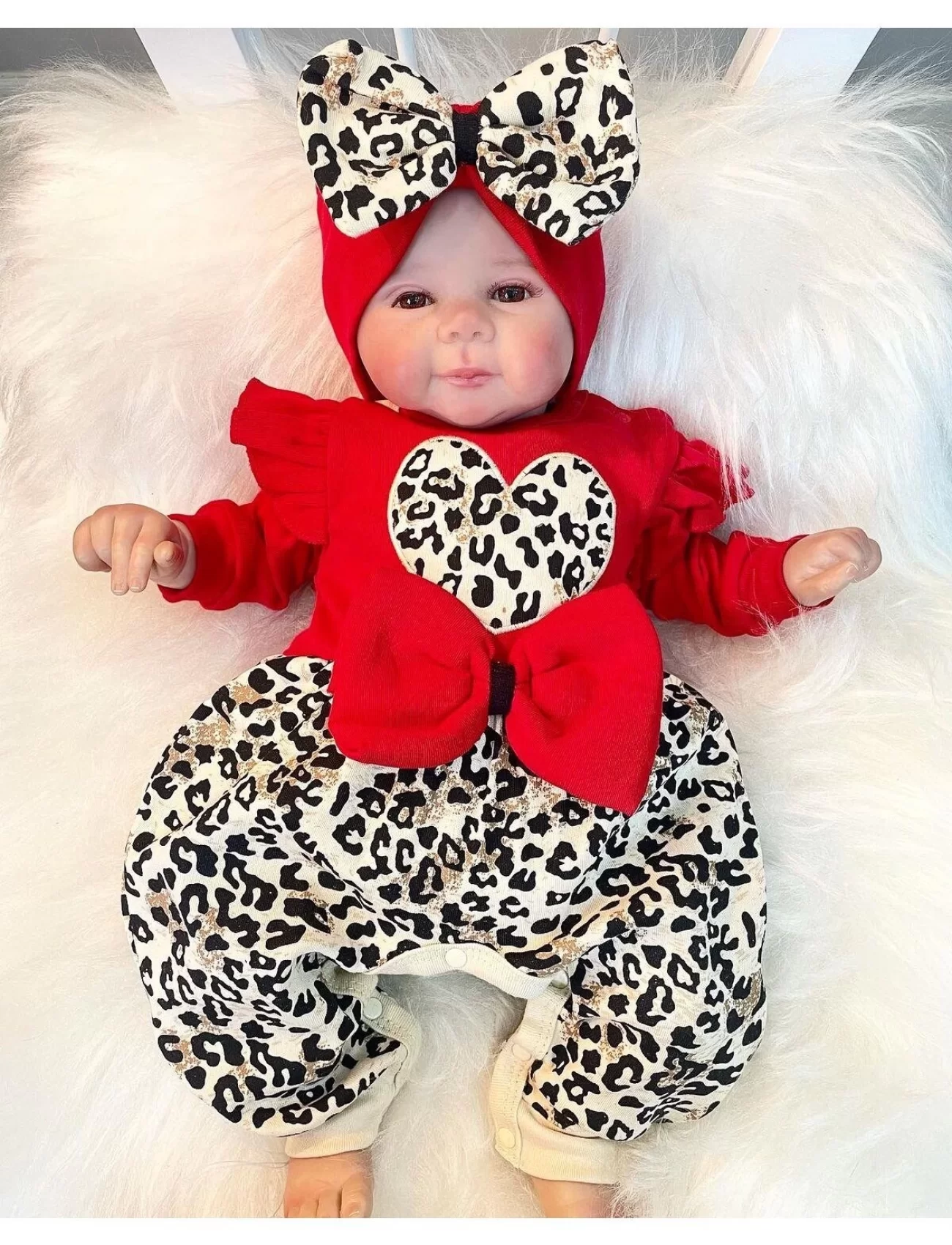 3-9 Ay Kız Bebek Tulum Leopar Desen Fırfır ve Fiyonklu Kırmızı