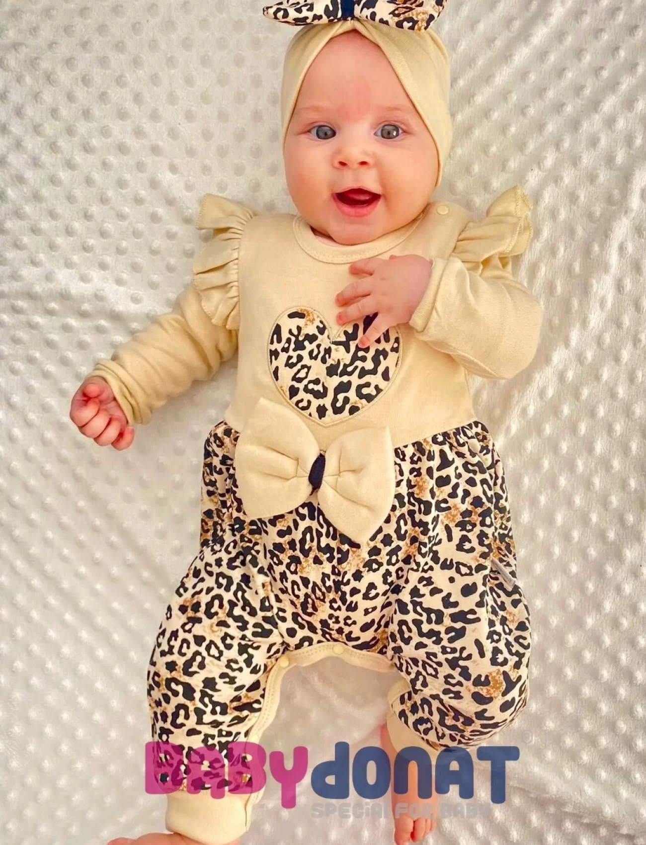 3-9 Ay Kız Bebek Tulum Leopar Fiyonklu Krem