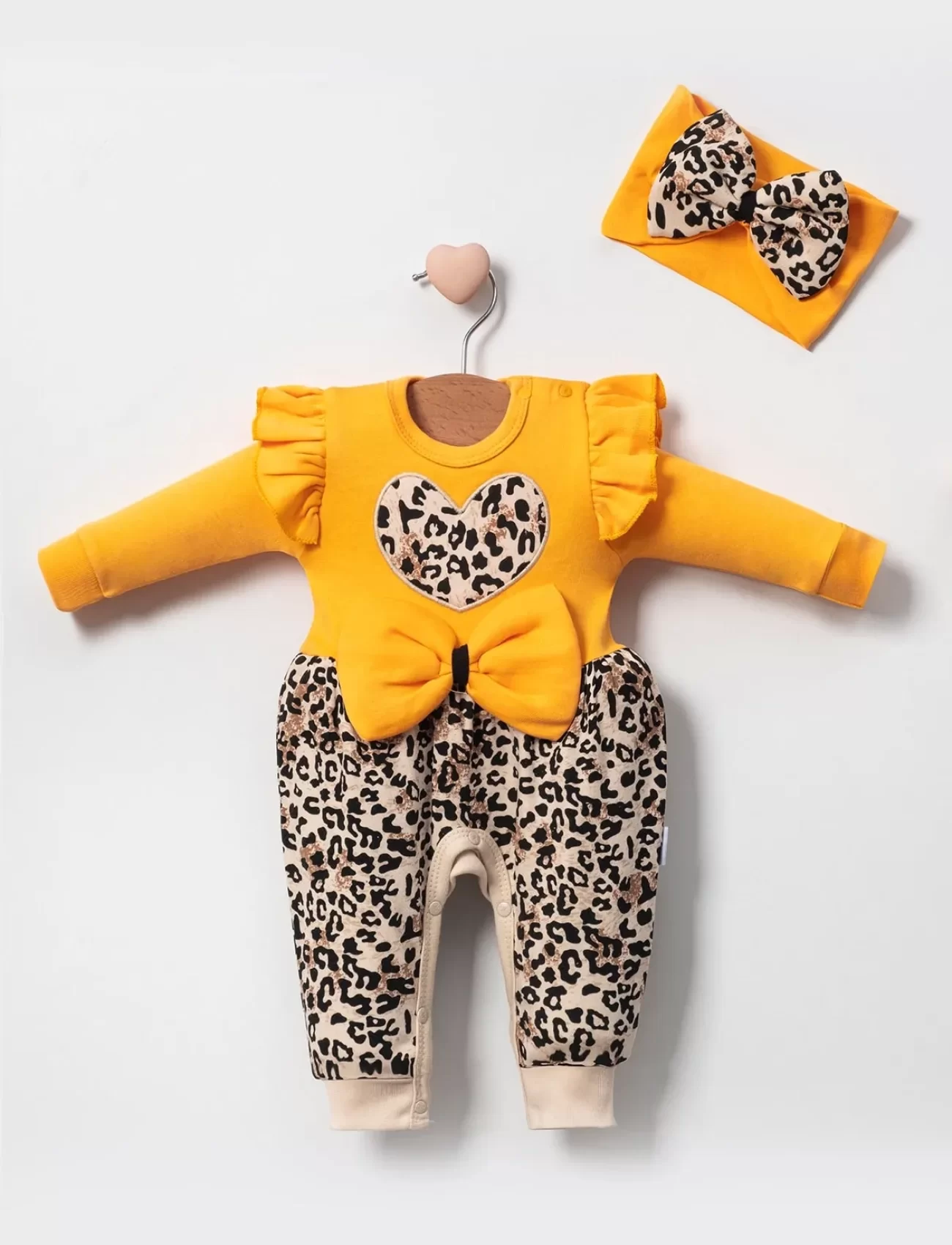 3-9 Ay Kız Bebek Tulum Leopar Fiyonklu Sarı