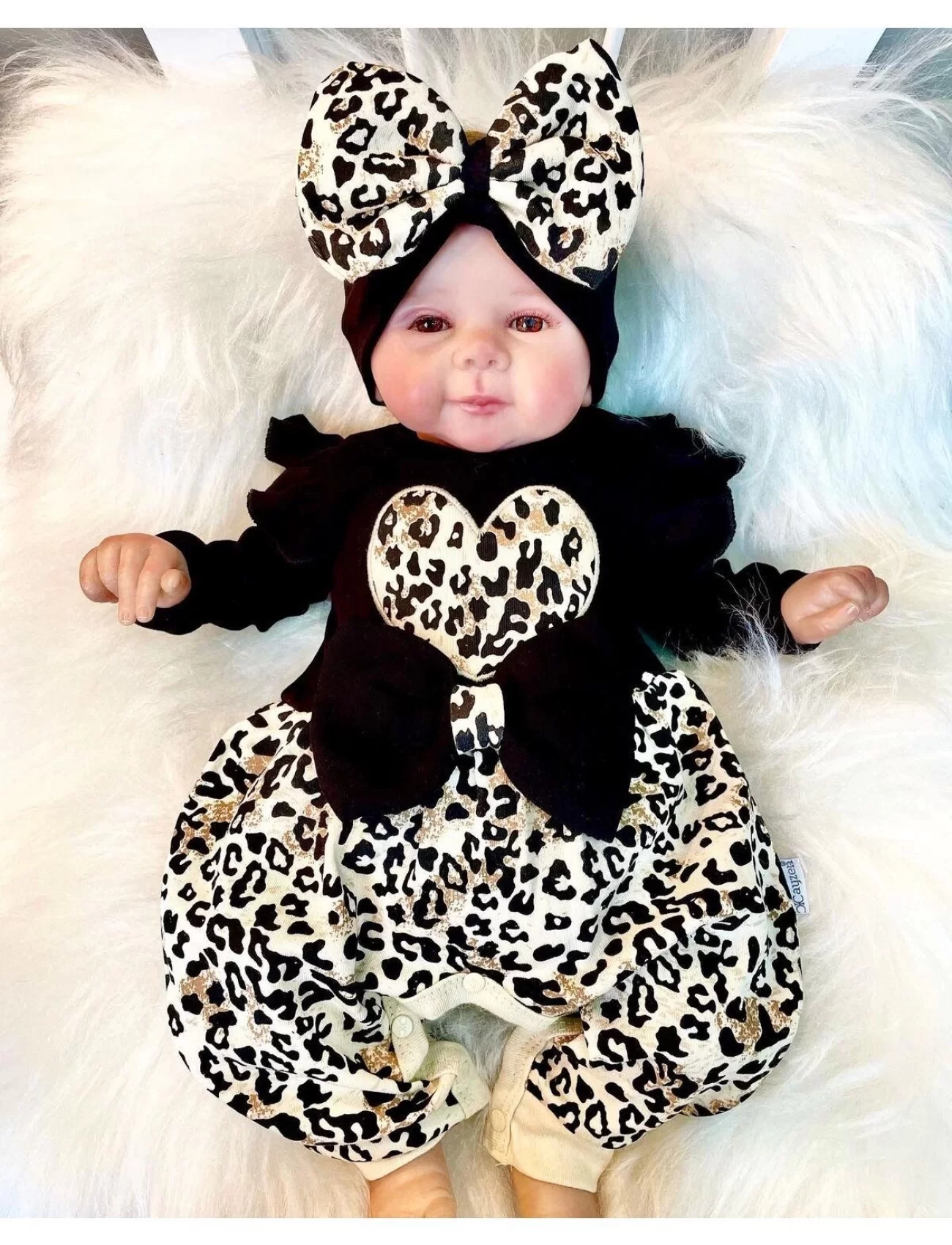 3-9 Ay Kız Bebek Tulum Leopar Fiyonklu Siyah