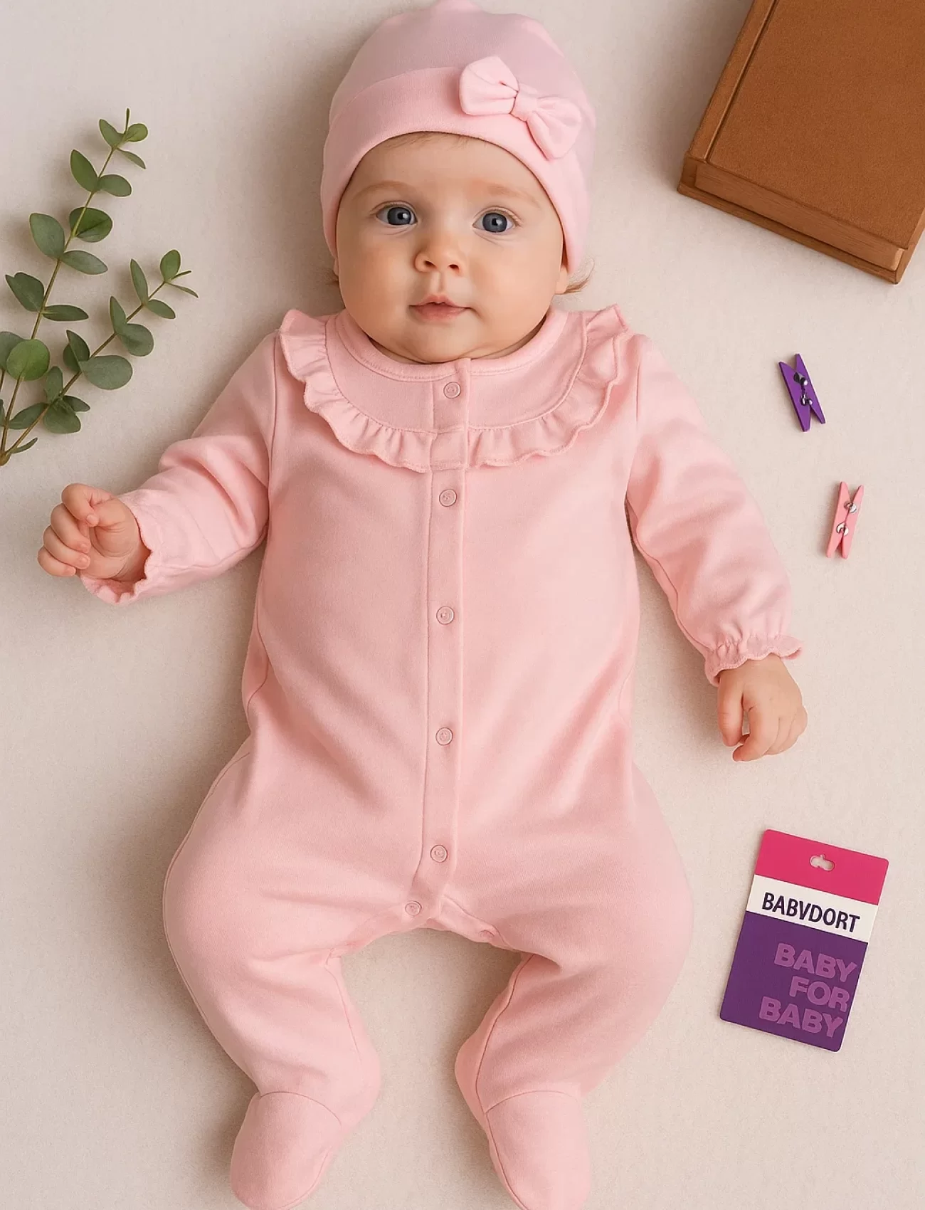 3-9 Ay Kız Bebek Tulum Robası Astarlı Fiyonk Şapkalı Açık Pembe