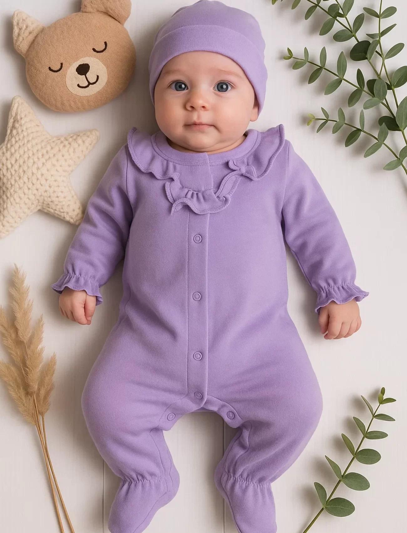 3-9 Ay Kız Bebek Tulum Robası Astarlı Fiyonk Şapkalı Lila