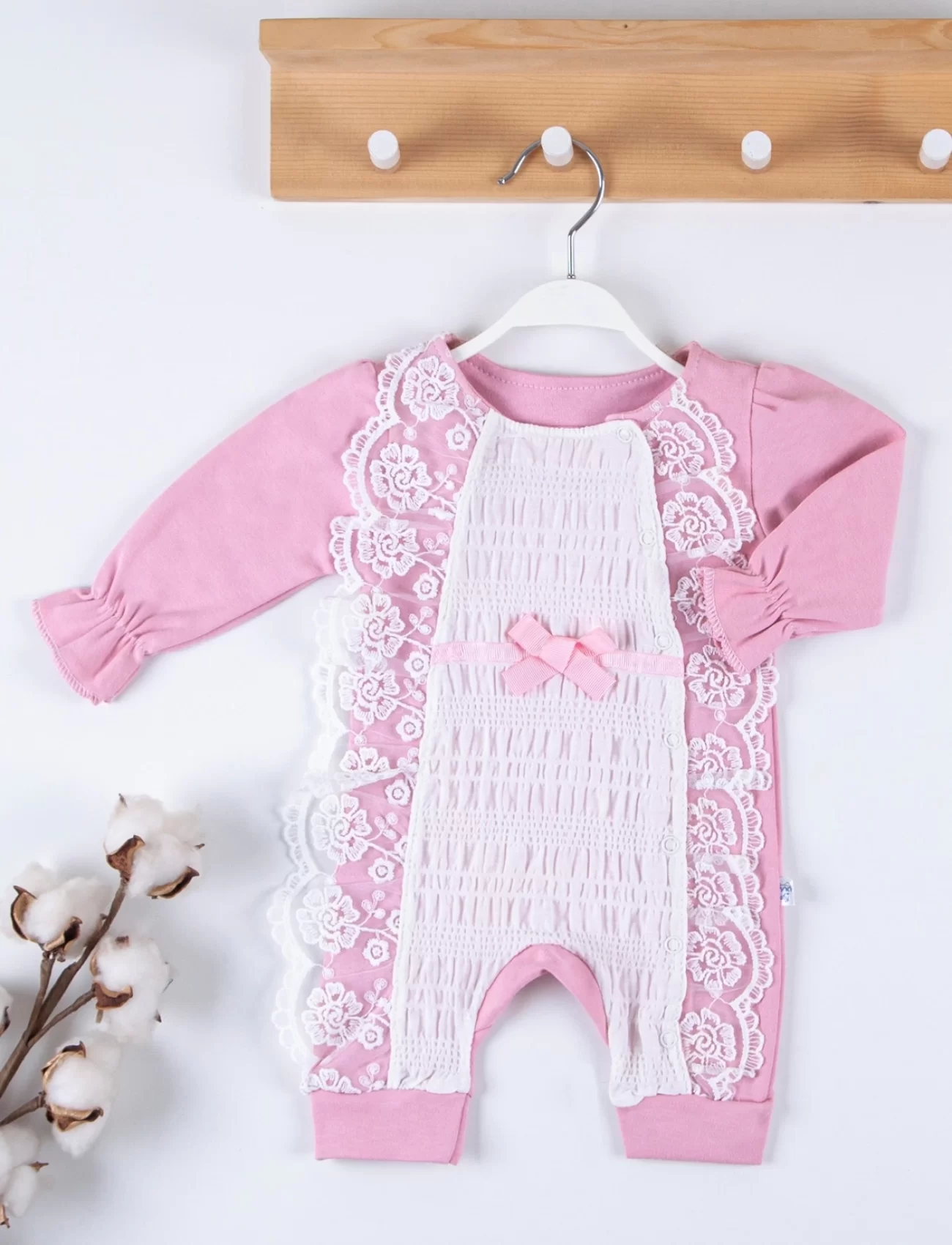 3-9 Ay Kız Bebek Tulumu Gofra Fransız Güpürlü Pembe