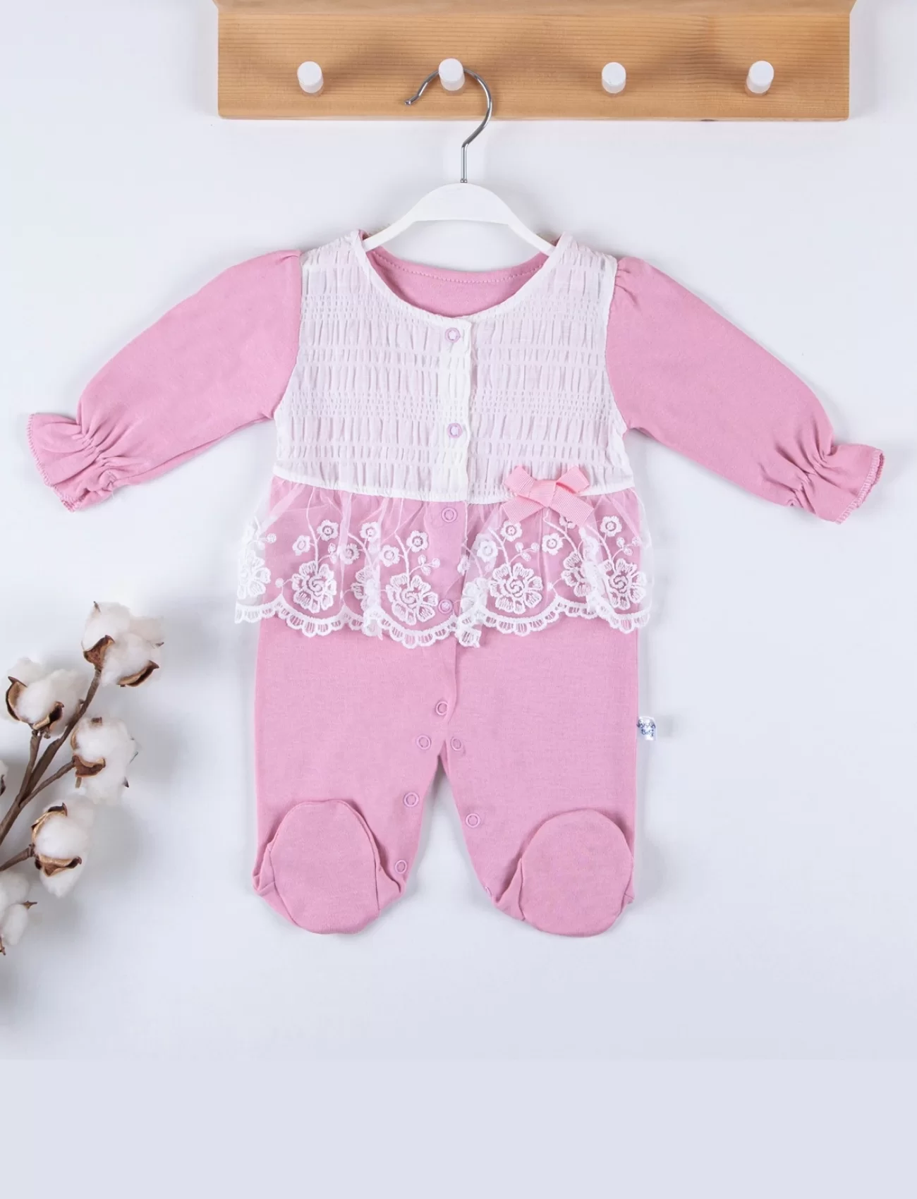 3-9 Ay Kız Bebek Tulumu Gofralı Fransız Güpürlü Pembe