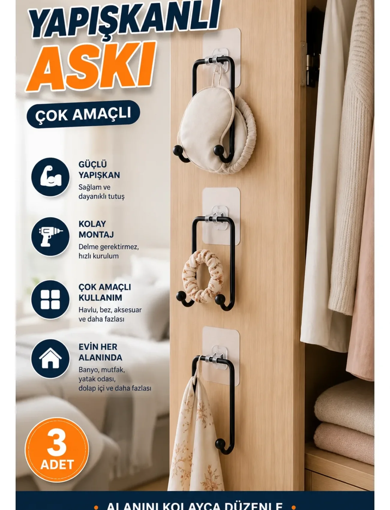 3 Adet Çok Amaçlı Yapışkanlı Askı Pratik Duvar Tipi Düzenleyici