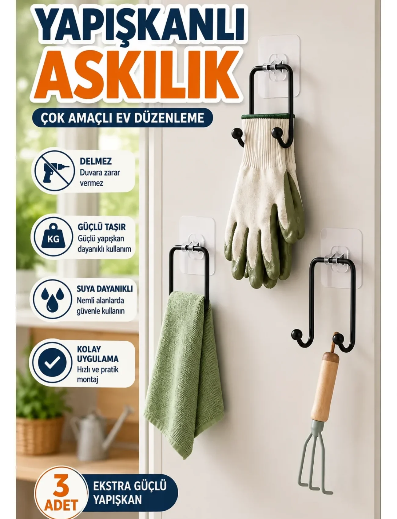 3 Adet Yapışkanlı Askılık Çok Amaçlı Ev Düzenleme Askı Seti