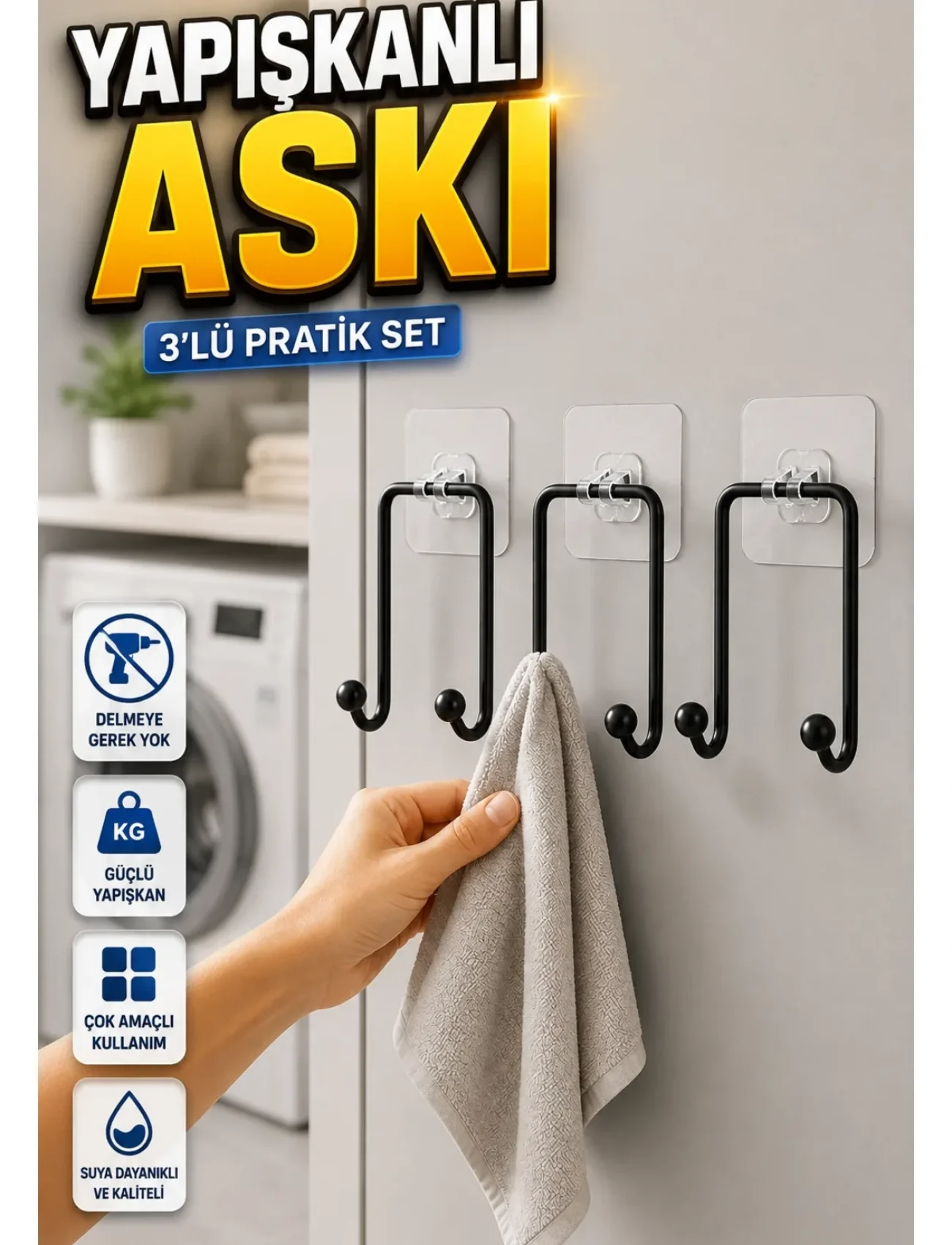 3 Adet Yapışkanlı Duvar Askısı Çok Amaçlı Pratik Askılık Seti
