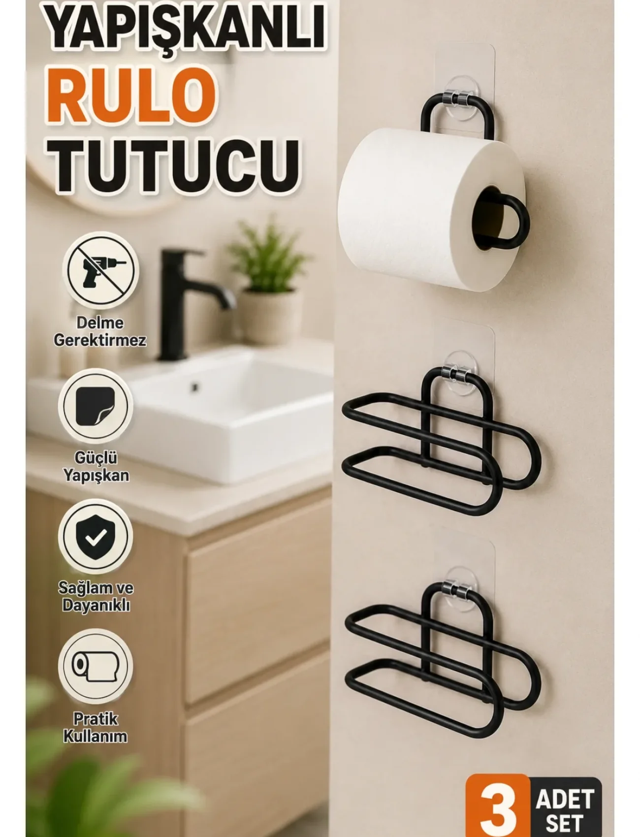 3 Adet Yapışkanlı Rulo Tutucu Siyah Metal Tuvalet Kağıdı Askısı