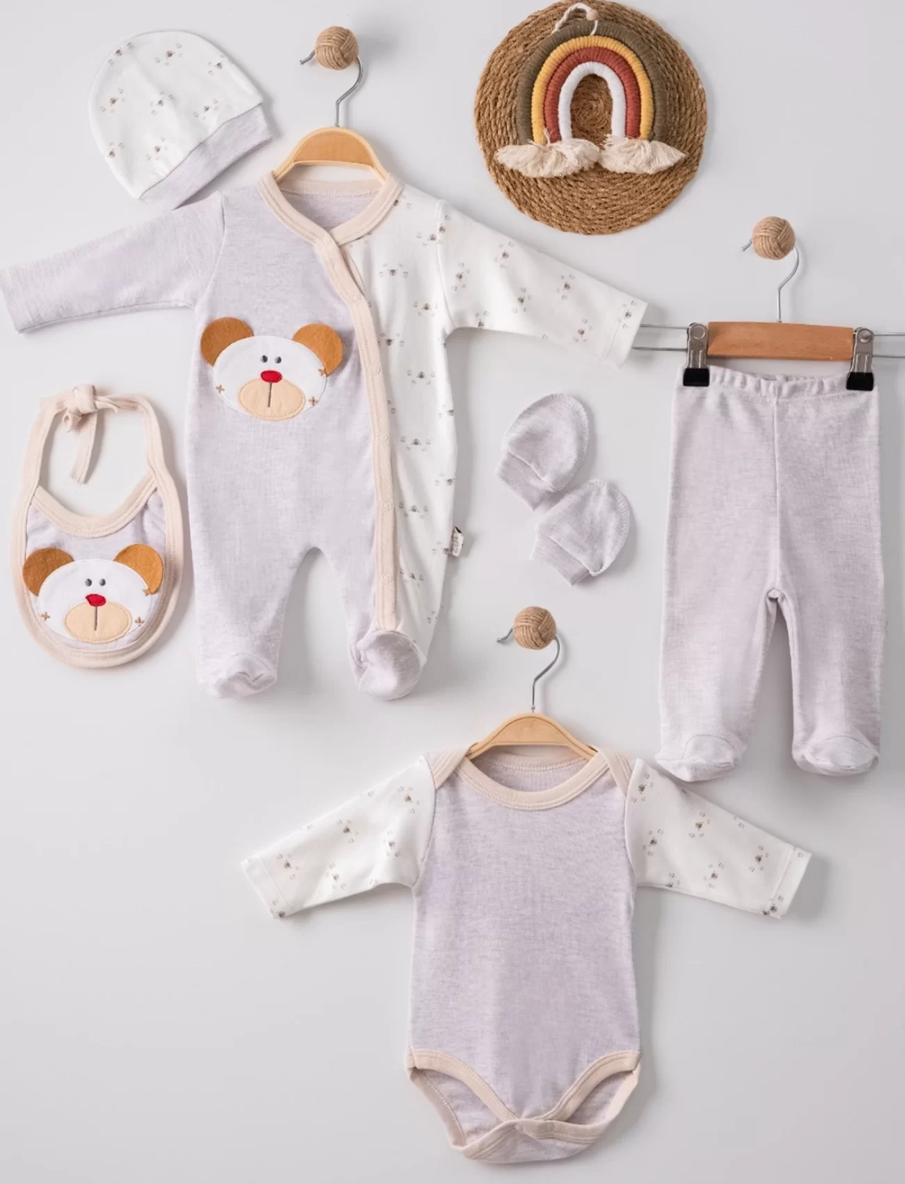 3 Ay Ayıcık Detay Tulumlu Erkek Bebek 5li Set Kahverengi