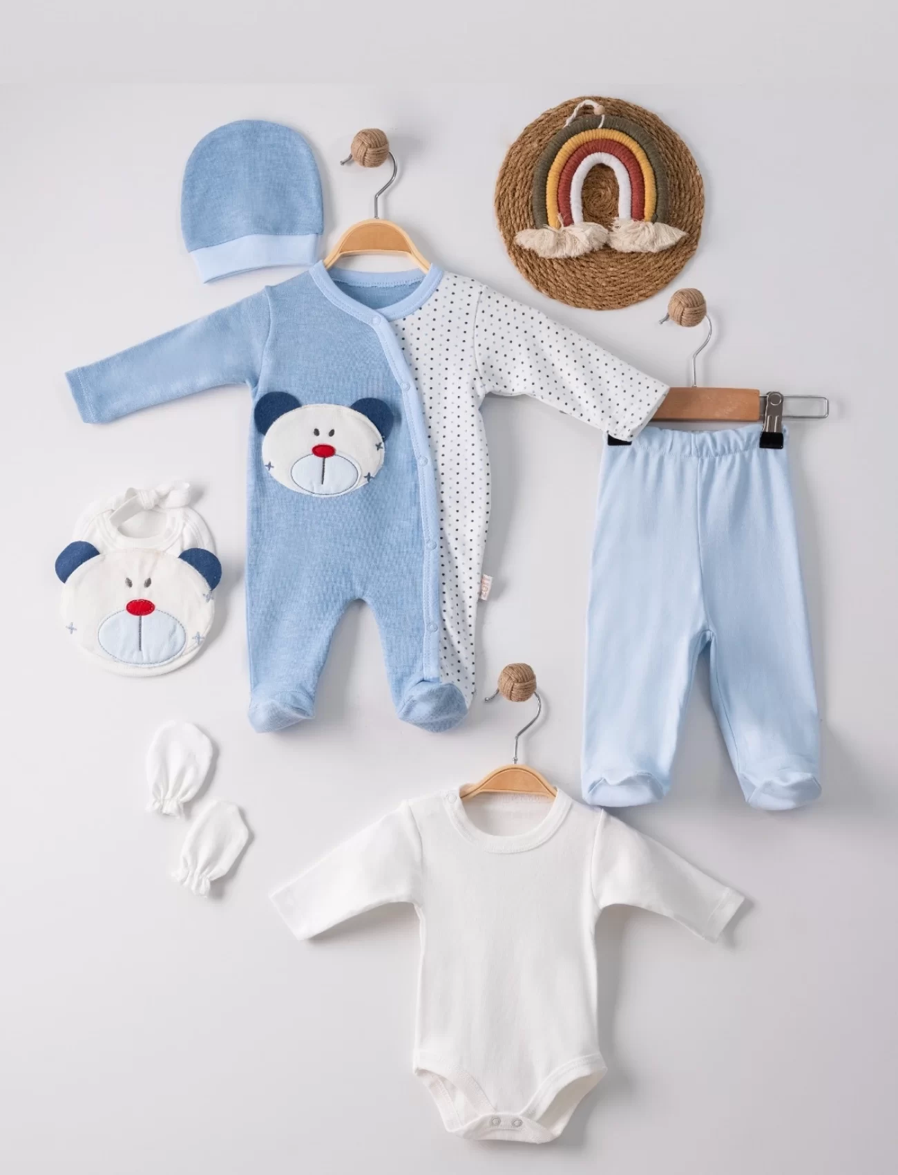 3 Ay Ayıcık Nakış Tulumlu Erkek Bebek 5li Set Mavi