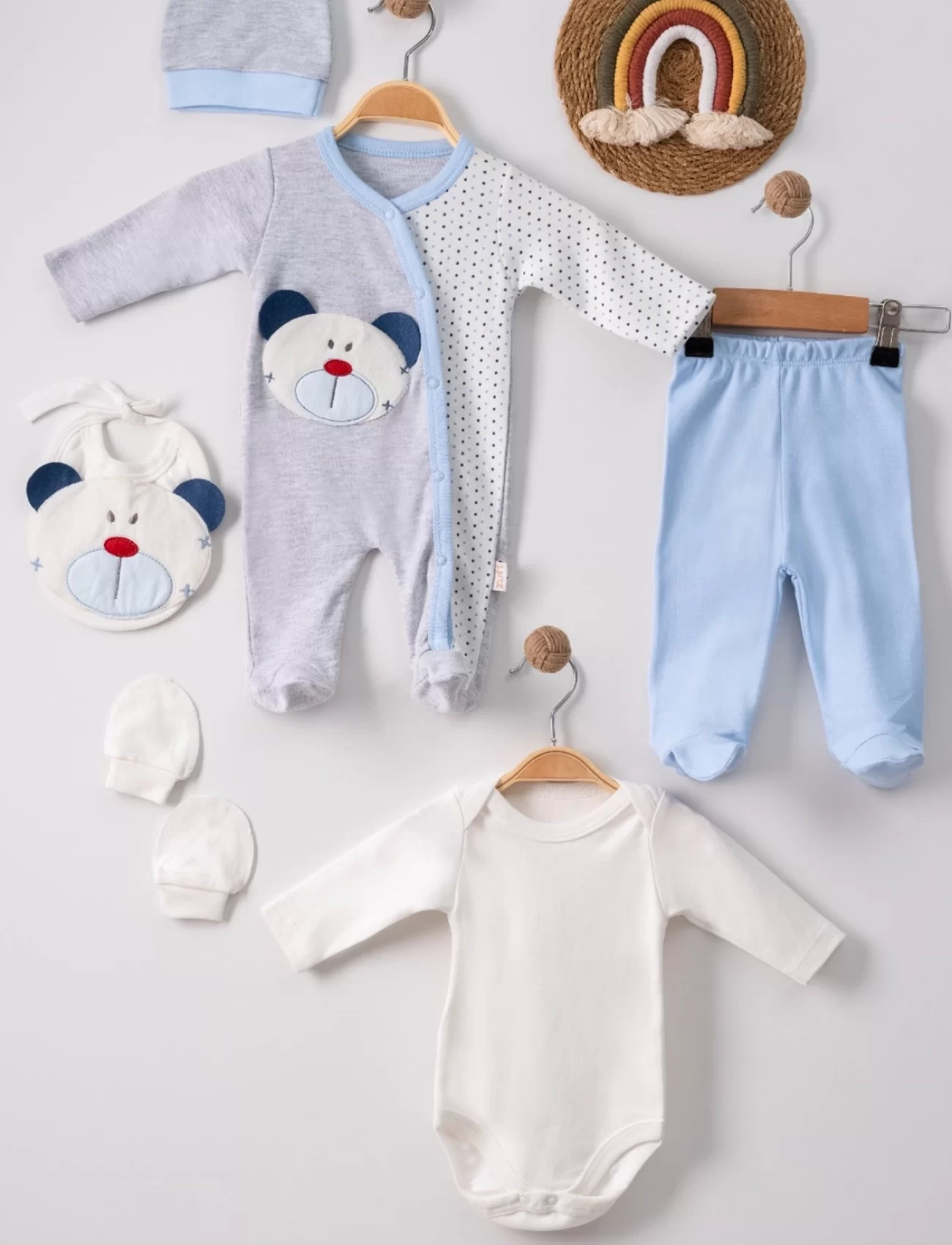 3 Ay Ayıcıklı Tulumlu Erkek Bebek 5li Set Mavi