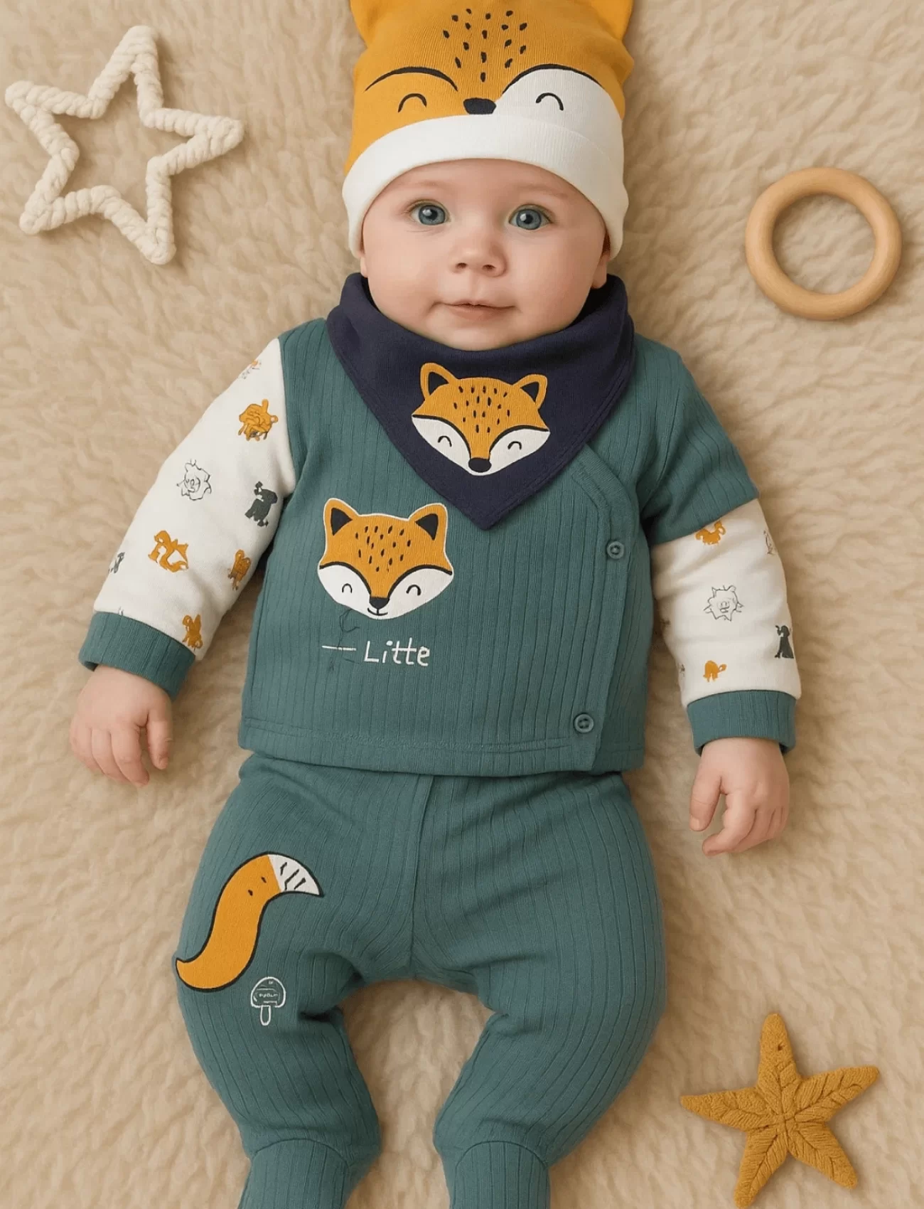 3 Ay Bebek Hastane Çıkışı Little Fox Nakış 5li Erkek Yeşil