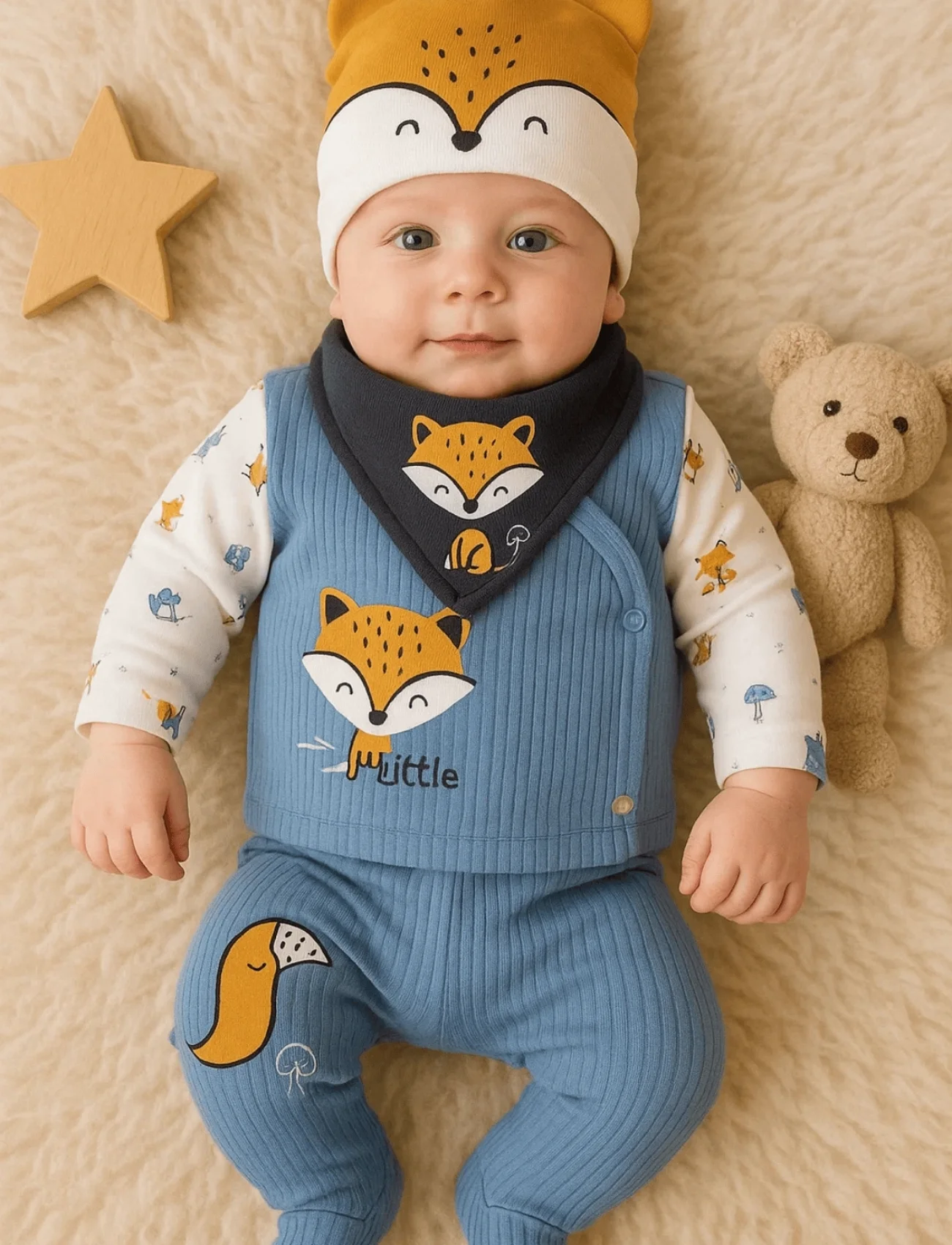 3 Ay Bebek Hastane Çıkışı Little Fox Nakışlı 5li Erkek Mavi
