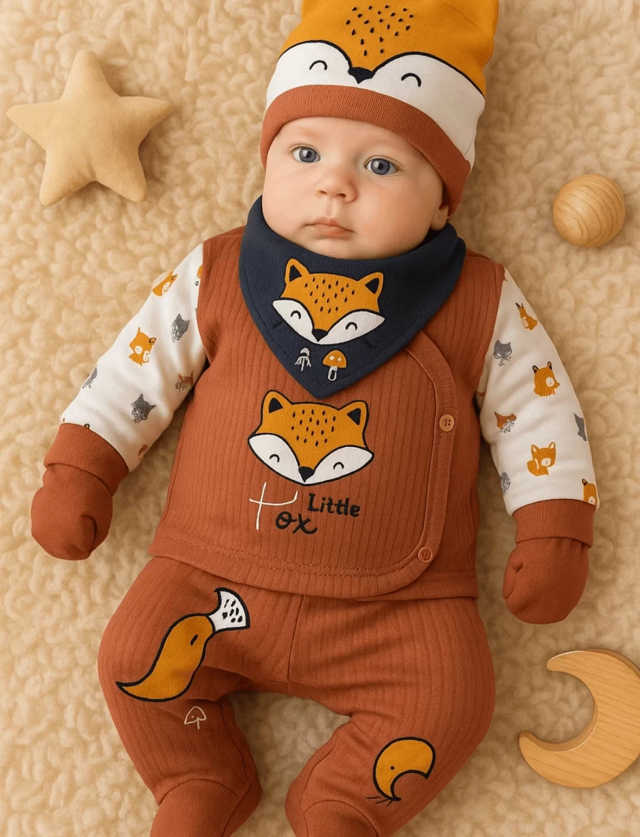 3 Ay Erkek Bebek Hastane Çıkışı Little Fox 5li Kahverengi