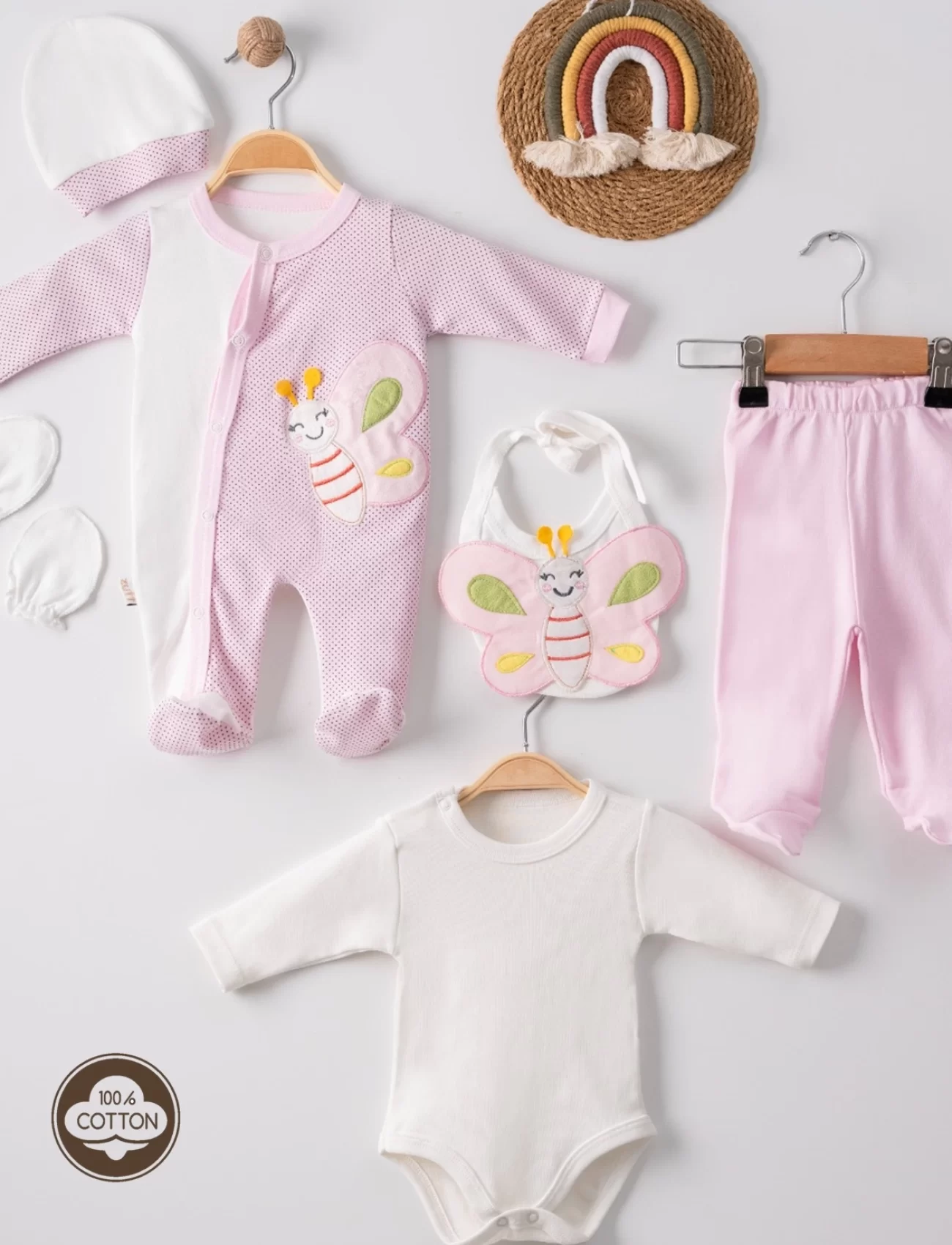 3 Ay Kelebek Nakış Puanlı Tulumlu Kız Bebek 5li Set Pembe
