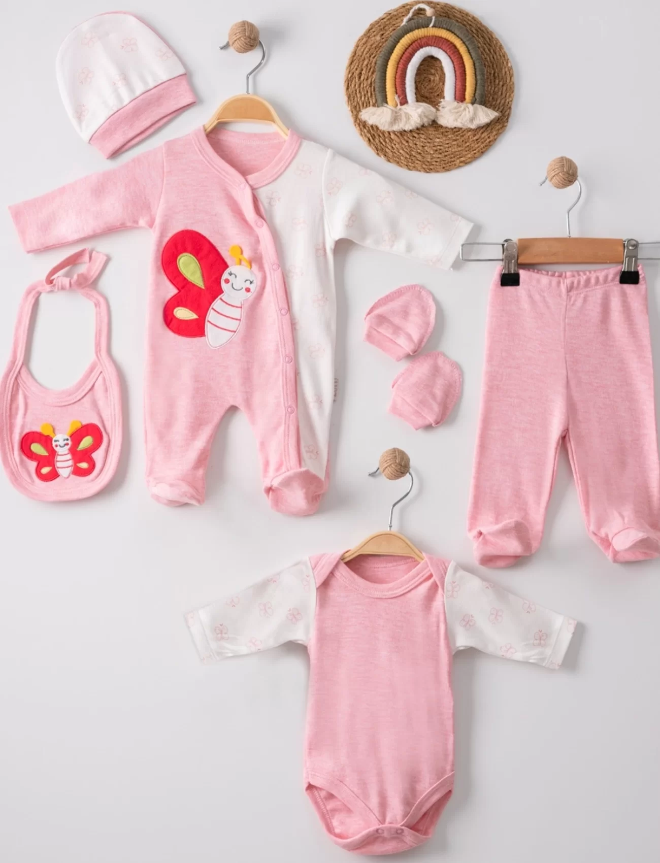 3 Ay Kelebek Nakış Tulumlu Kız Bebek 5li Set Pembe