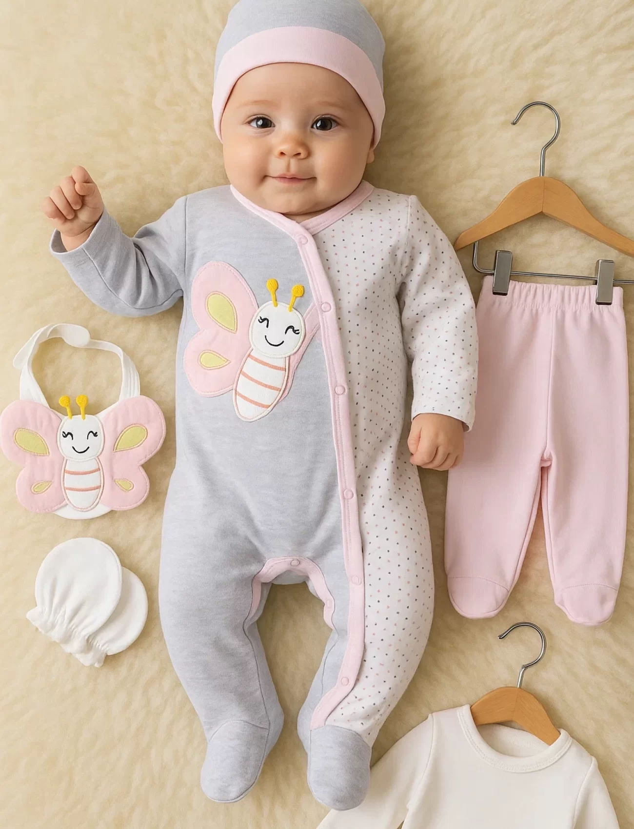 3 Ay Kelebek Nakışlı Tulumlu Kız Bebek 5li Set Gri