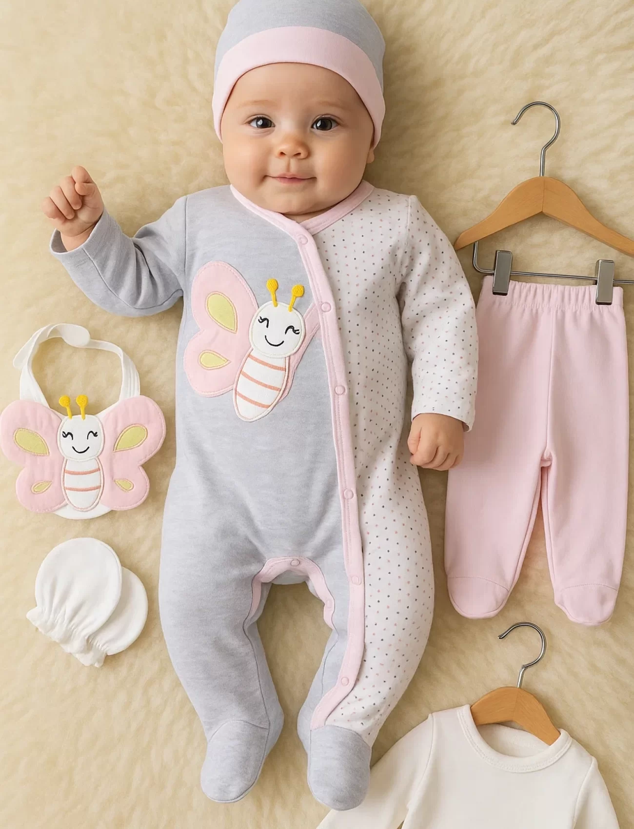 3 Ay Kelebek Nakışlı Tulumlu Kız Bebek 5li Set Gri