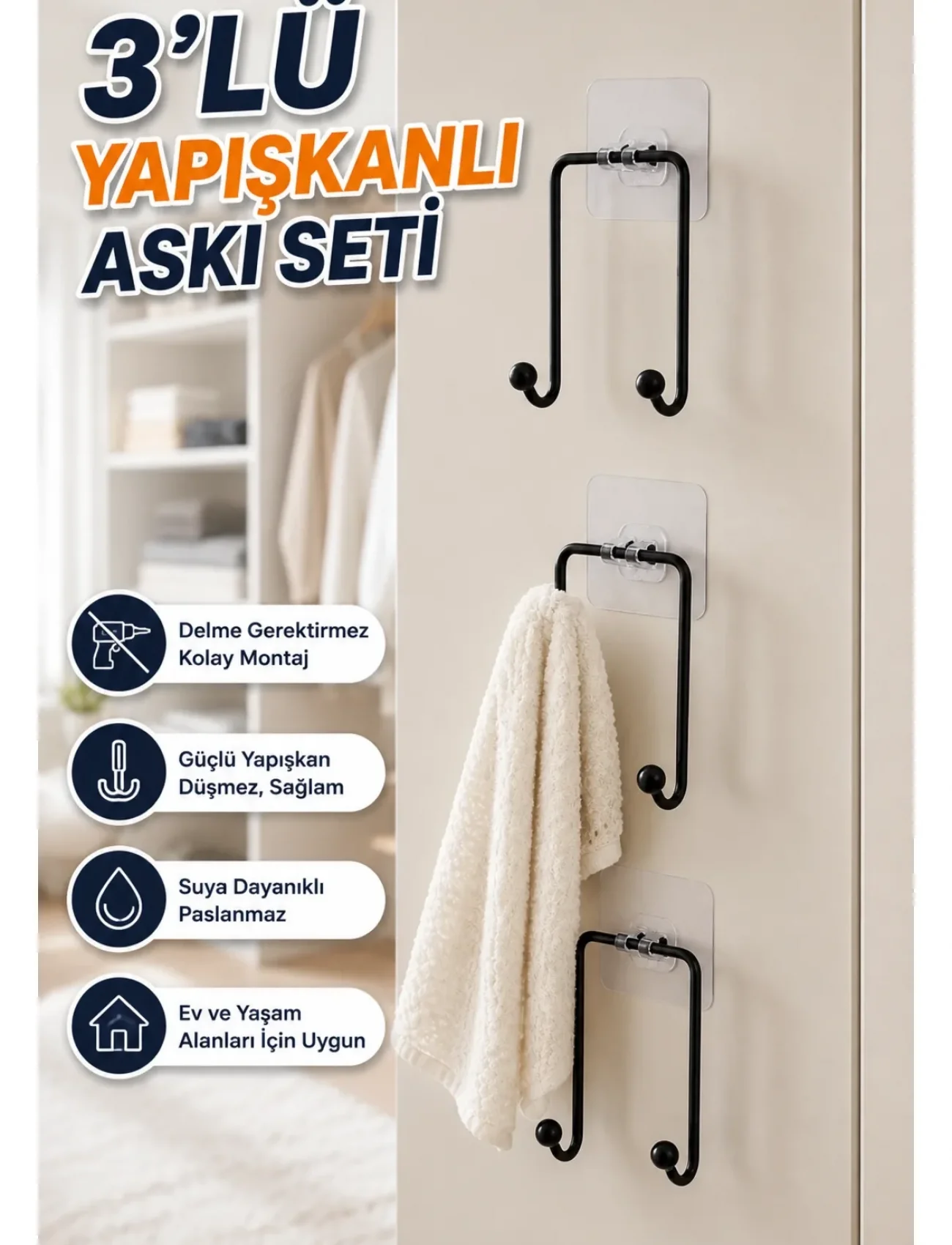 3lü Duvar Tipi Yapışkanlı Askılık Ev ve Yaşam Alanları İçin Pratik Set