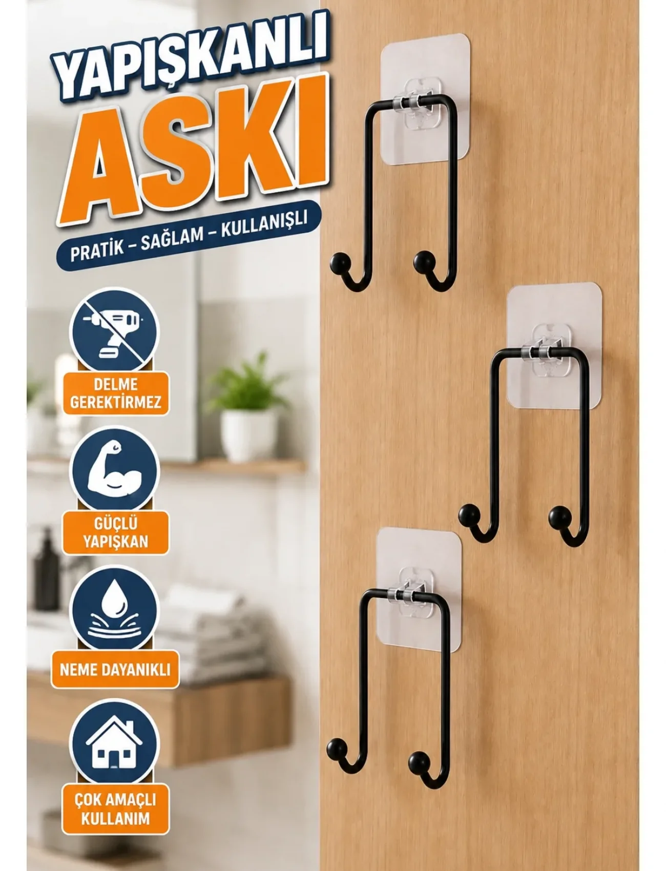 3lü Yapışkanlı Askı Seti Ev Banyo Mutfak İçin Çok Amaçlı Askılık