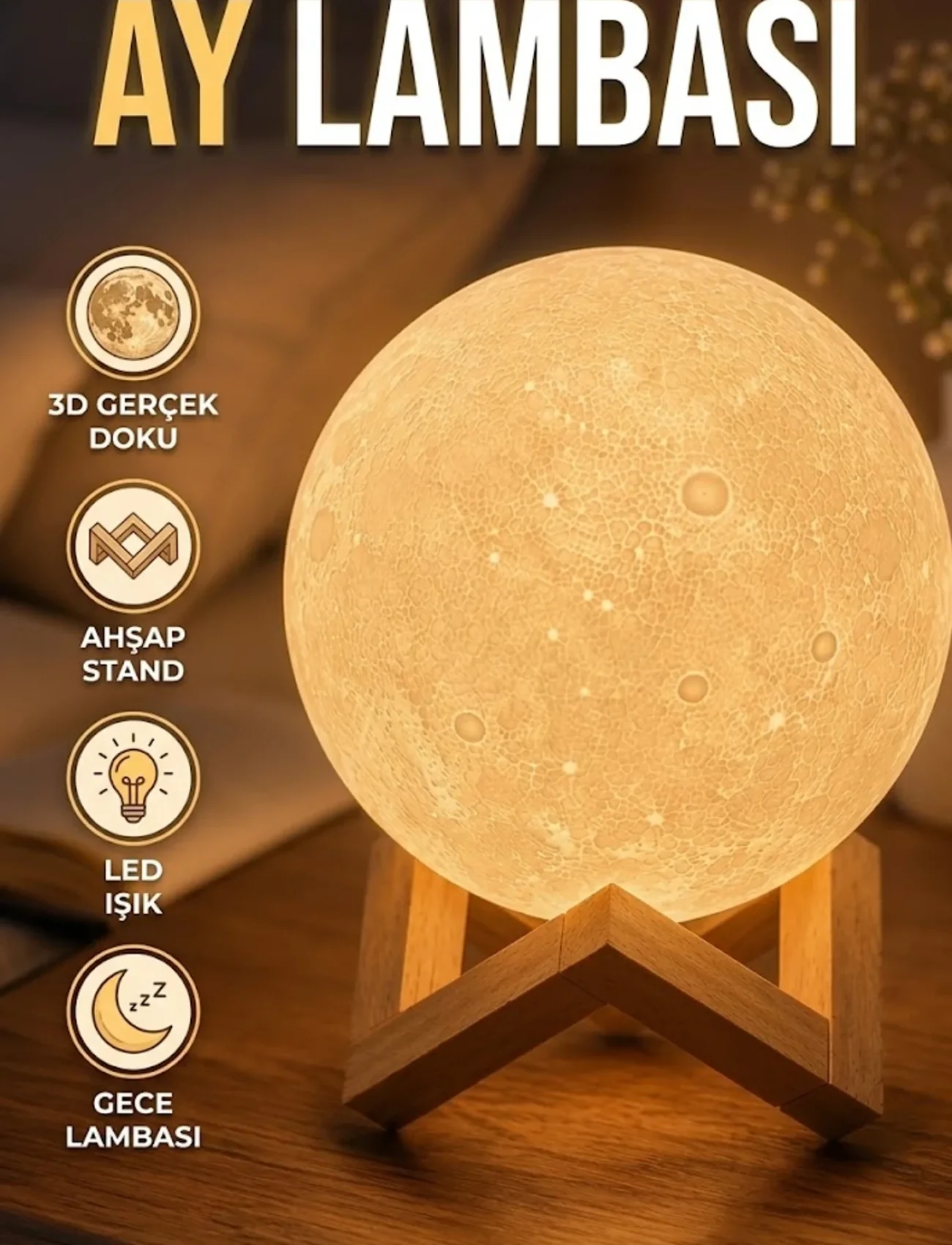 3D Ay Gece Lambası Ahşap Standlı Dekoratif LED Masa Lambası