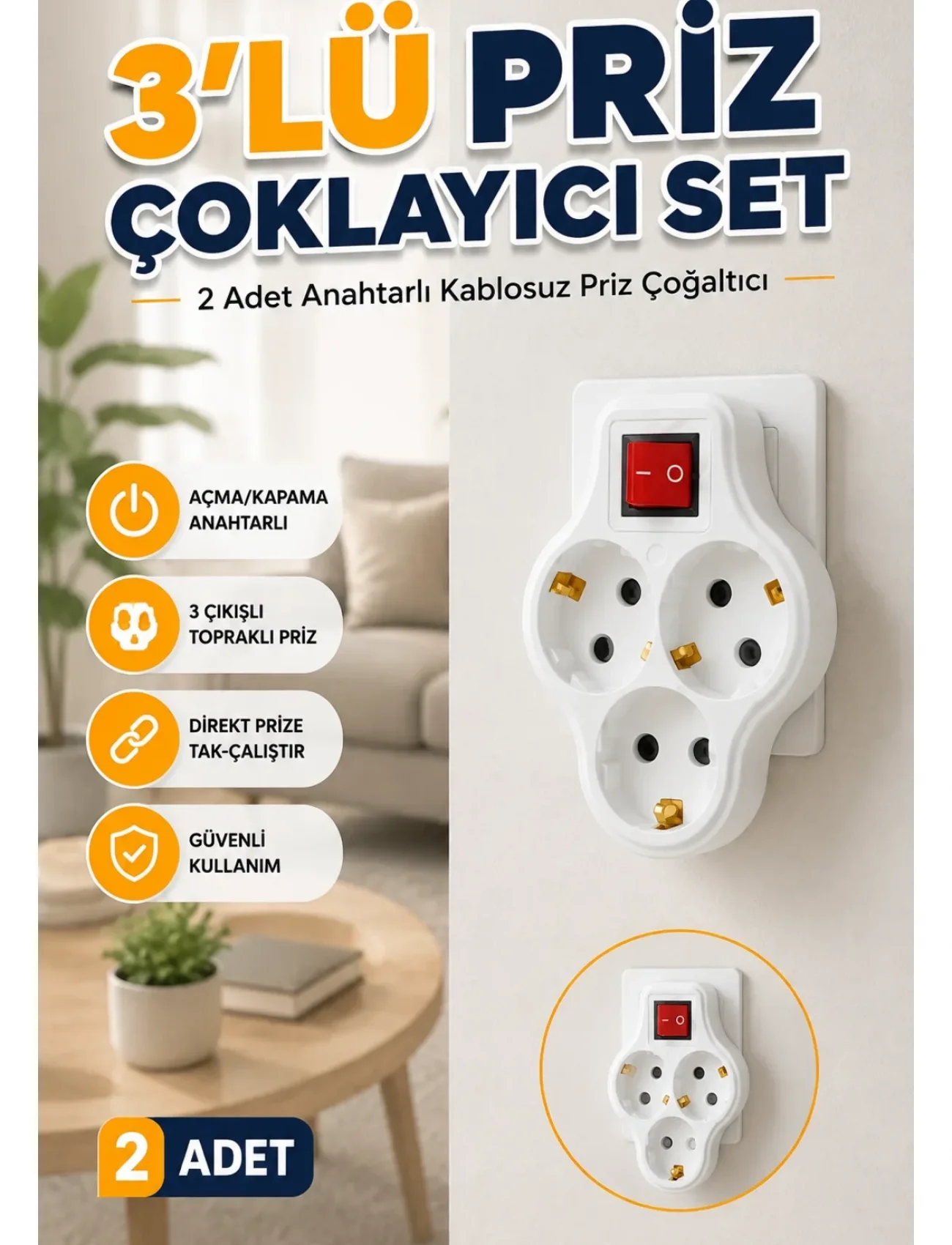 3’lü Priz Çoklayıcı 2 Adet Set Anahtarlı Kablosuz Duvar Tipi Priz Çoğaltıcı