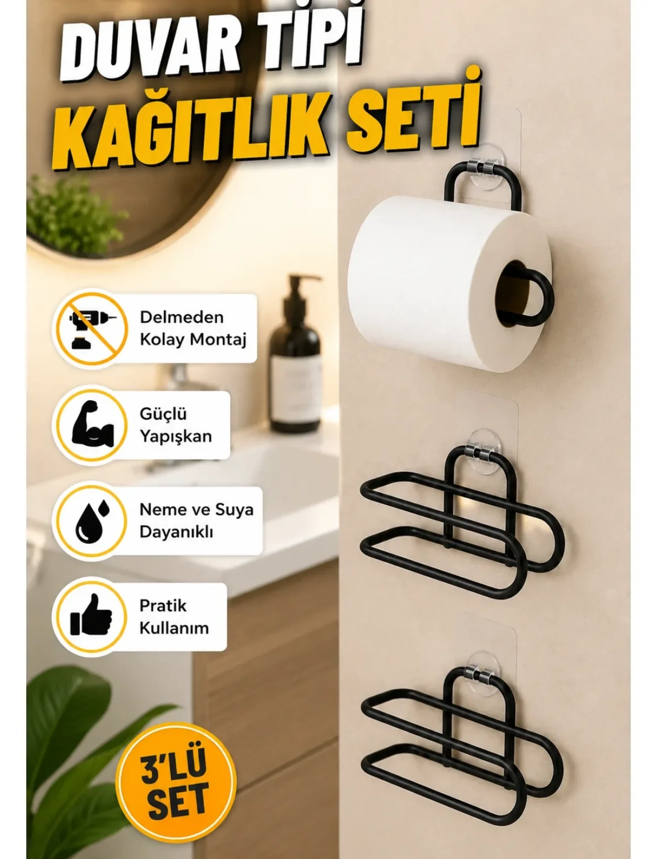3’lü Siyah Duvar Tipi Kağıtlık Seti Yapışkanlı Pratik Rulo Tutucu