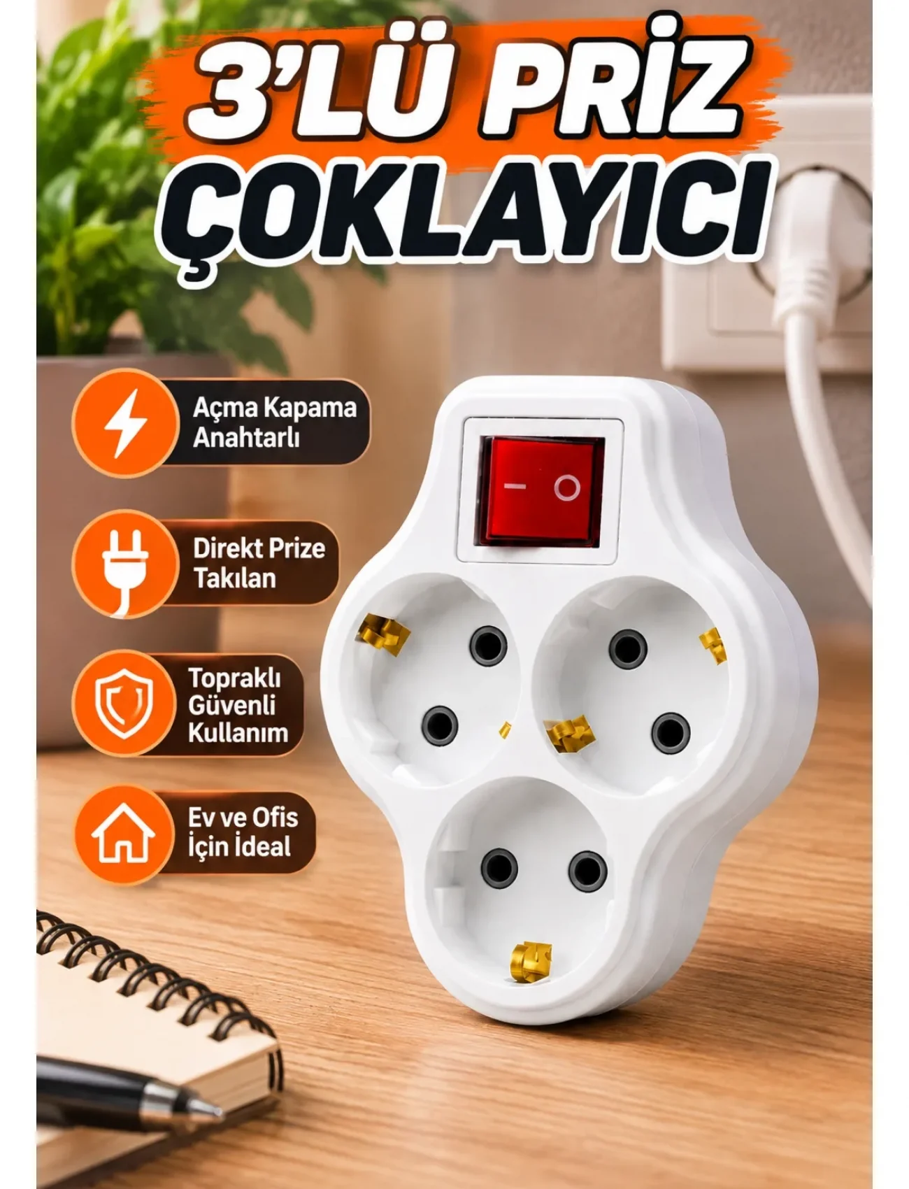 3’lü Topraklı Priz Çoklayıcı Açma Kapama Anahtarlı Direkt Prize Takılan Adaptör