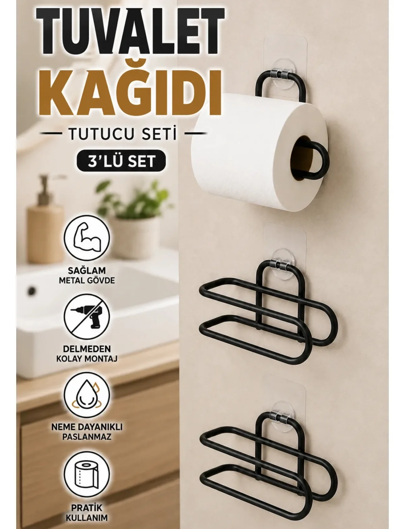 3’lü Yapışkanlı Tuvalet Kağıdı Tutucu Seti Siyah Duvar Tipi Rulo Kağıtlık