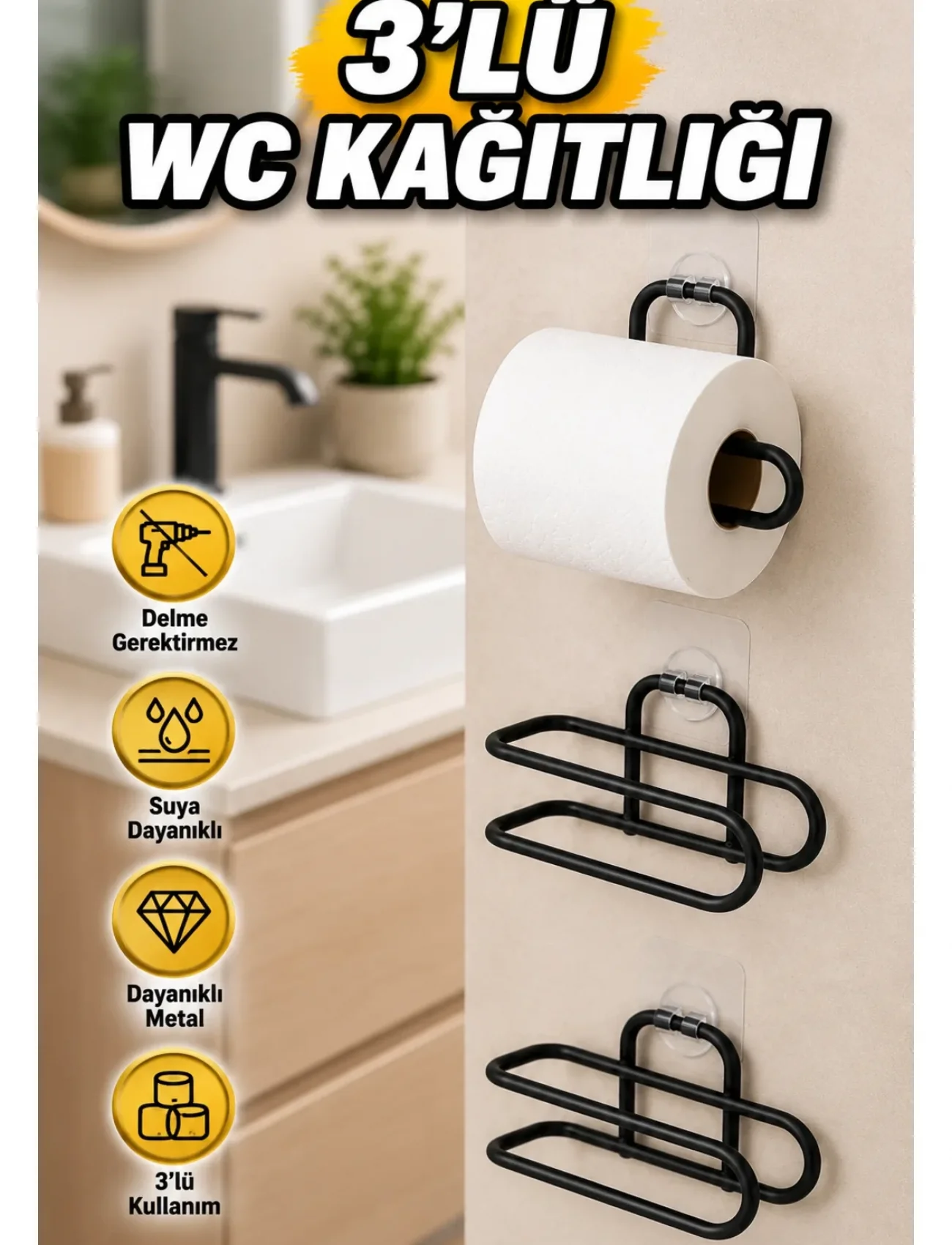 3’lü Yapışkanlı WC Kağıtlığı Siyah Rulo Tutucu Banyo ve Mutfak Kullanımı