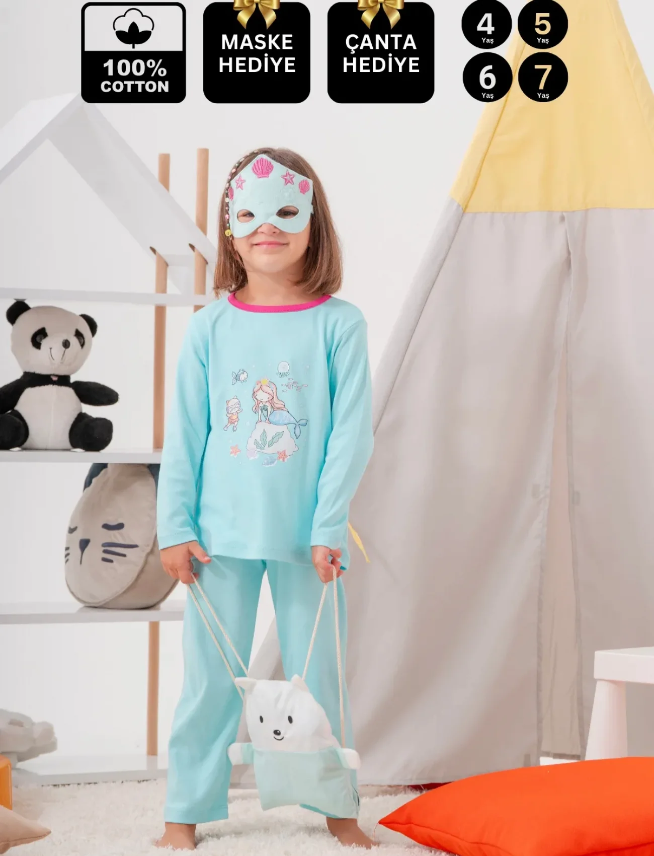 4-7 Yaş Deniz Kızı Çanta Ve Maskeli Kız Çocuk Pijama Takımı Yeşil