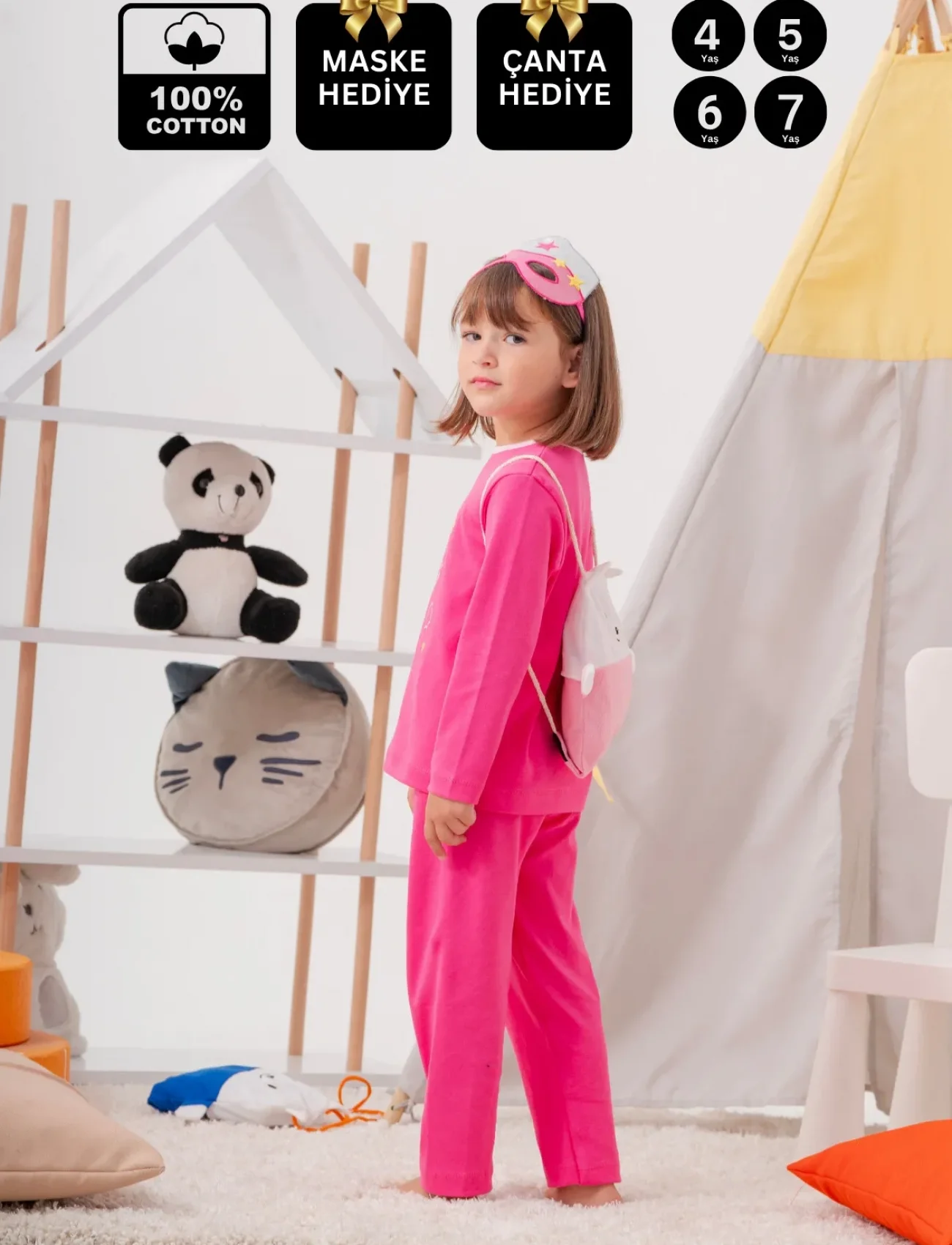 4-7 Yaş Heroıne Çanta Ve Maskeli Kız Çocuk Pijama Takımı Gül Kurusu