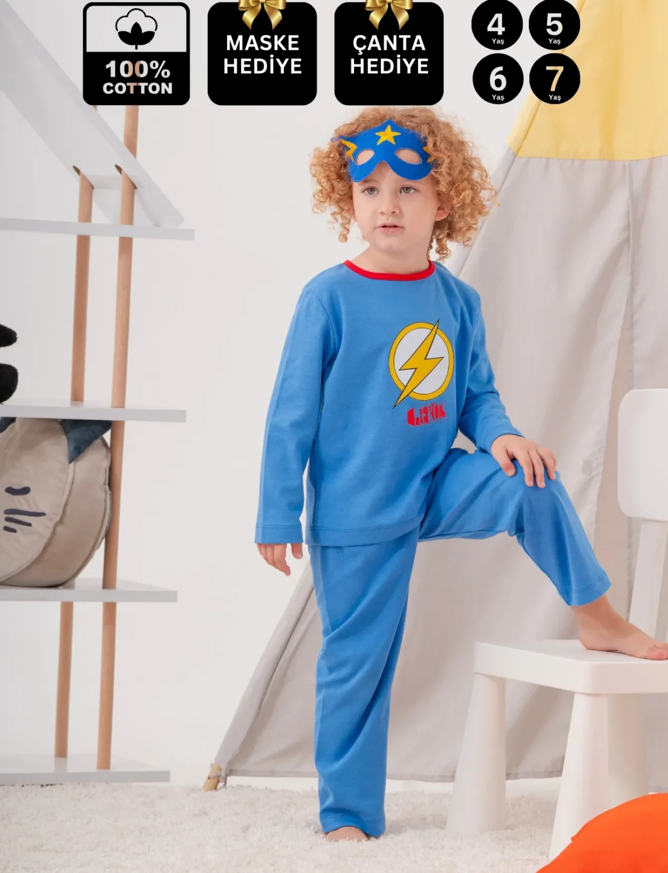 4-7 Yaş Heros Çanta Ve Maskeli Erkek Çocuk Pijama Takımı Koyu Mavi